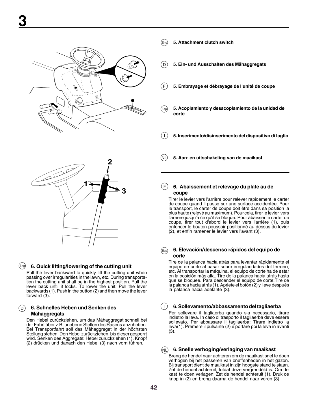 Husqvarna CTH160II Eng 6. Quick lifting/lowering of the cutting unit, Schnelles Heben und Senken des Mähaggregats 