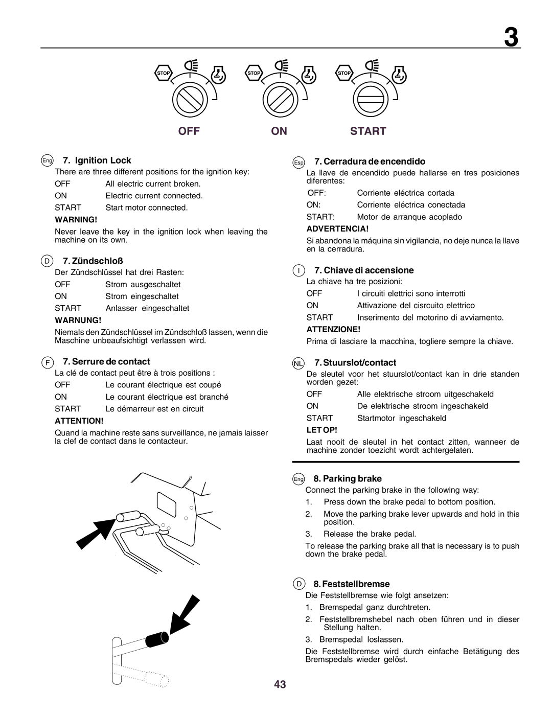 Husqvarna CTH160II Eng 7. Ignition Lock, Esp 7. Cerradura de encendido, Zündschloß, Serrure de contact, Feststellbremse 