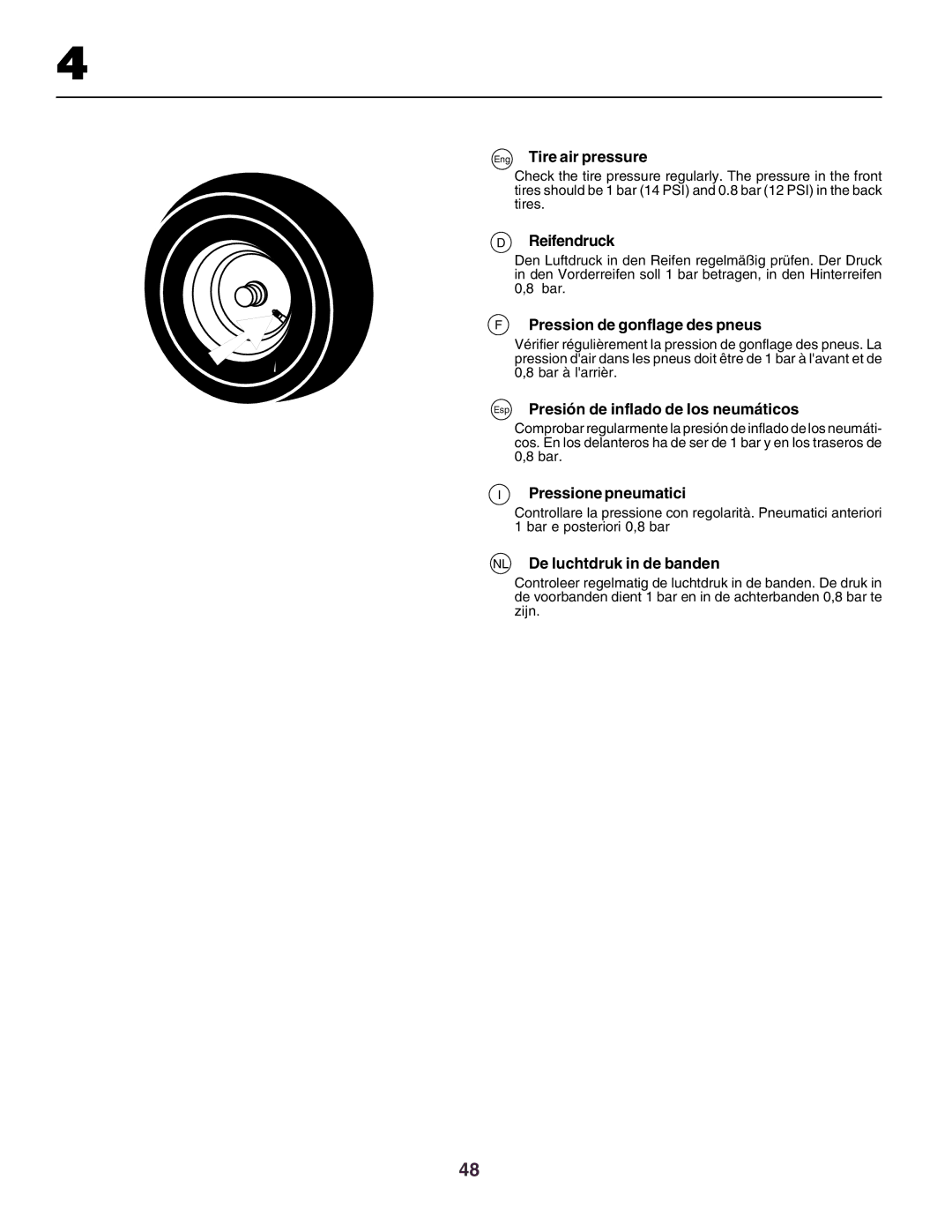 Husqvarna CTH160II Eng Tire air pressure, Reifendruck, Pression de gonflage des pneus, Pressione pneumatici 