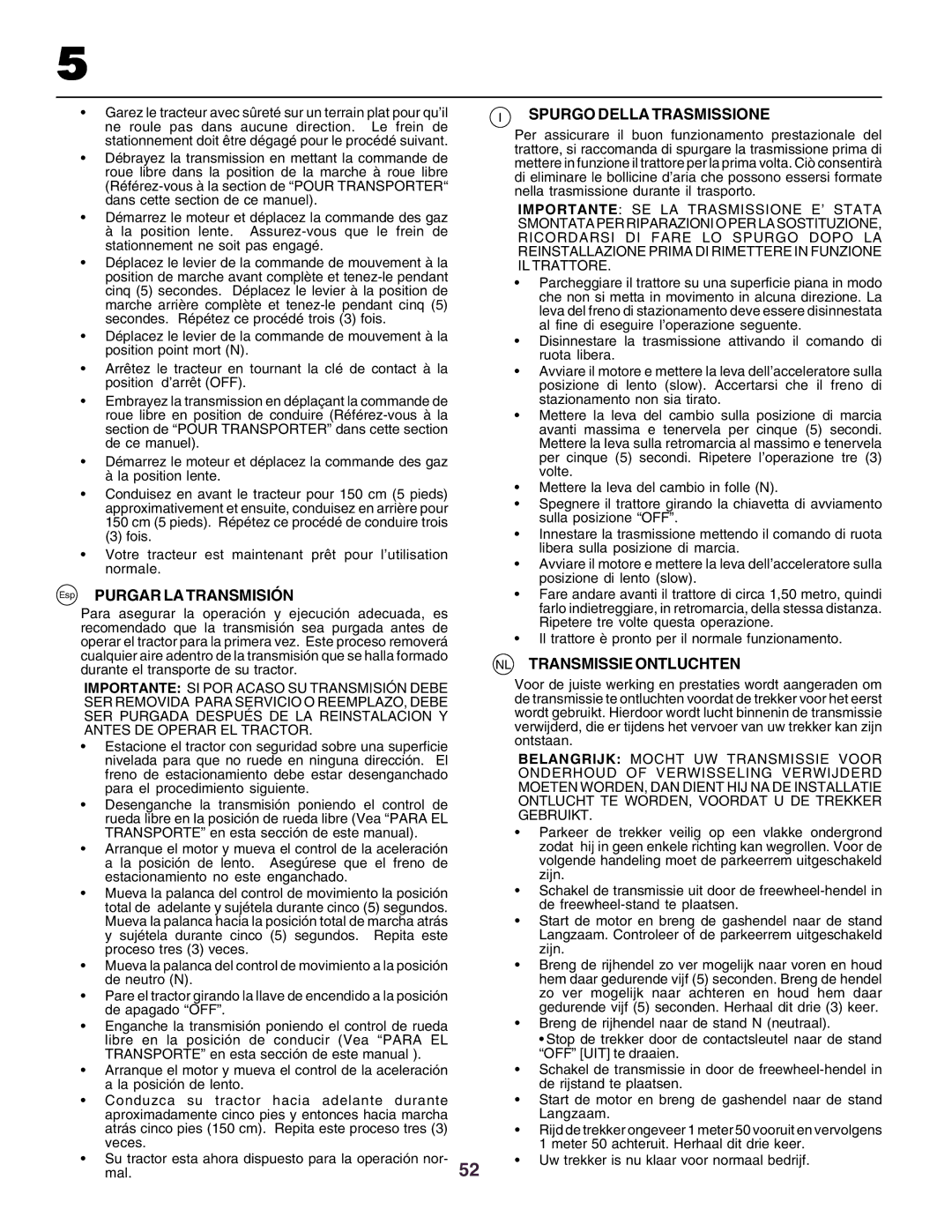 Husqvarna CTH160II instruction manual Spurgo Della Trasmissione, Esp Purgar LA Transmisión, NL Transmissie Ontluchten 