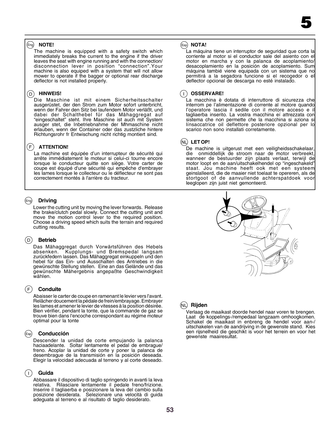 Husqvarna CTH160II instruction manual Eng Driving, Betrieb, Conduite, Esp Conducción, NL Rijden, Guida 