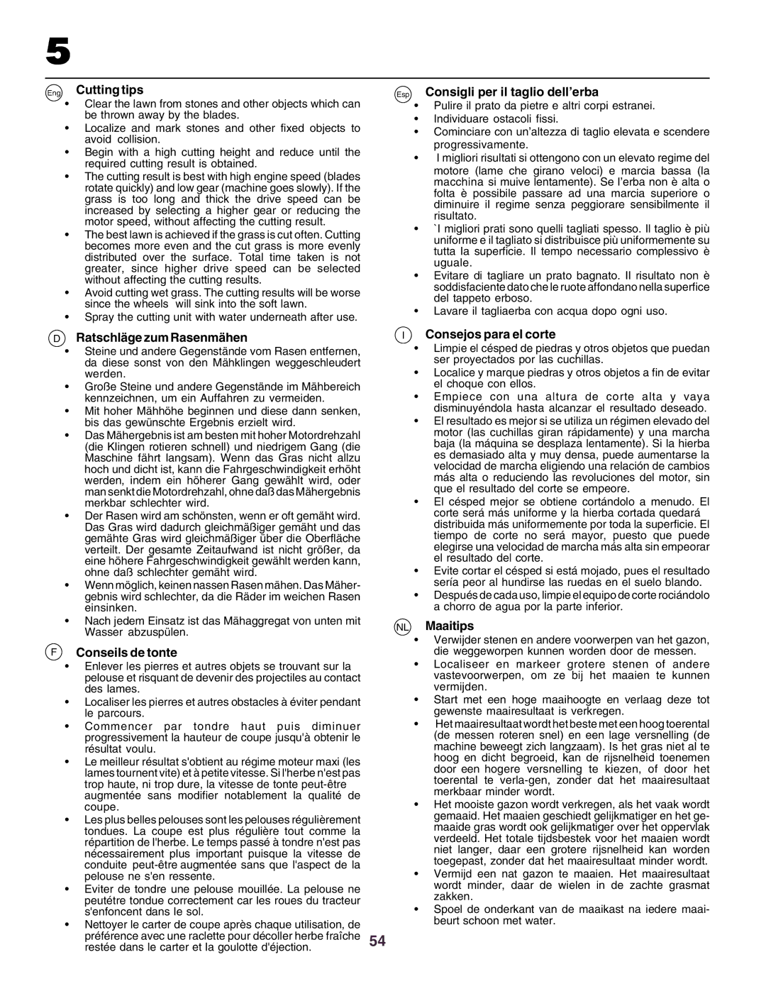 Husqvarna CTH160II Eng Cutting tips, Ratschläge zum Rasenmähen, Conseils de tonte, Esp Consigli per il taglio dell’erba 