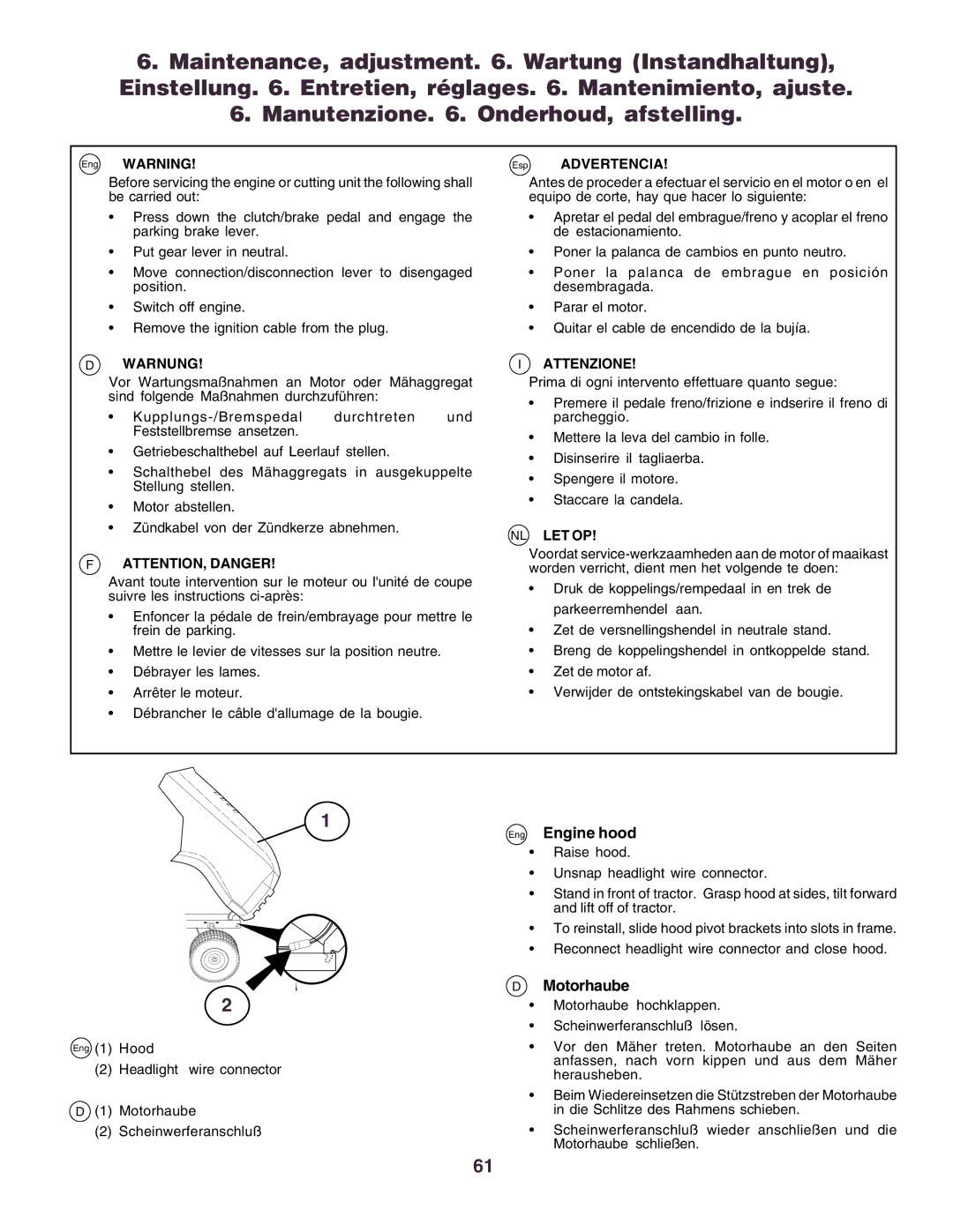 Husqvarna CTH160II instruction manual Eng Engine hood, Motorhaube 