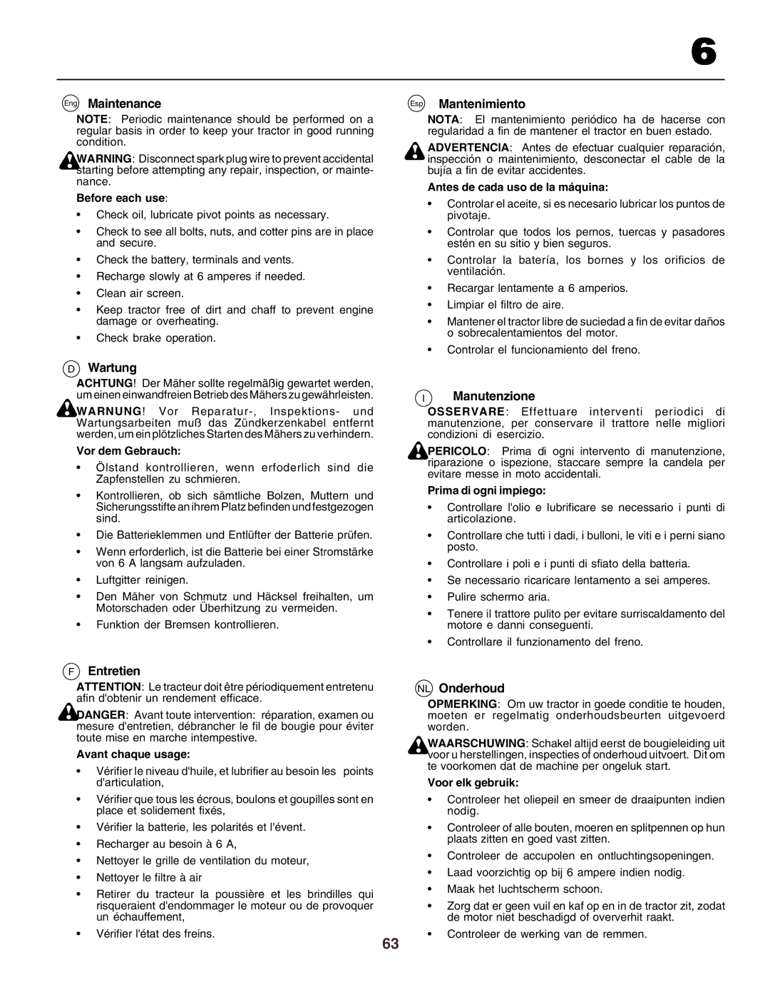 Husqvarna CTH160II instruction manual Eng Maintenance, Wartung, Entretien, Esp Mantenimiento, Manutenzione, NL Onderhoud 