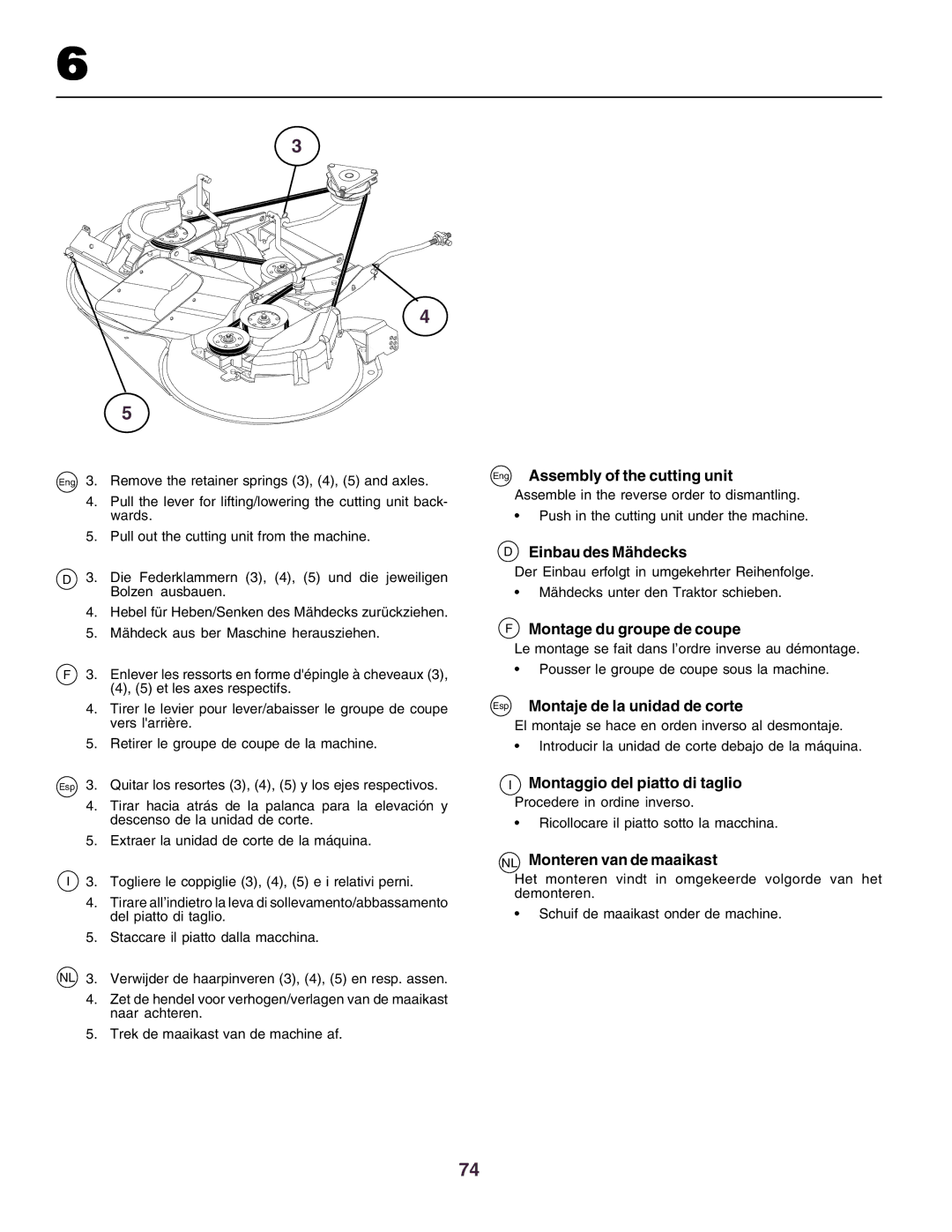 Husqvarna CTH160II instruction manual Eng Assembly of the cutting unit, Einbau des Mähdecks, Montage du groupe de coupe 