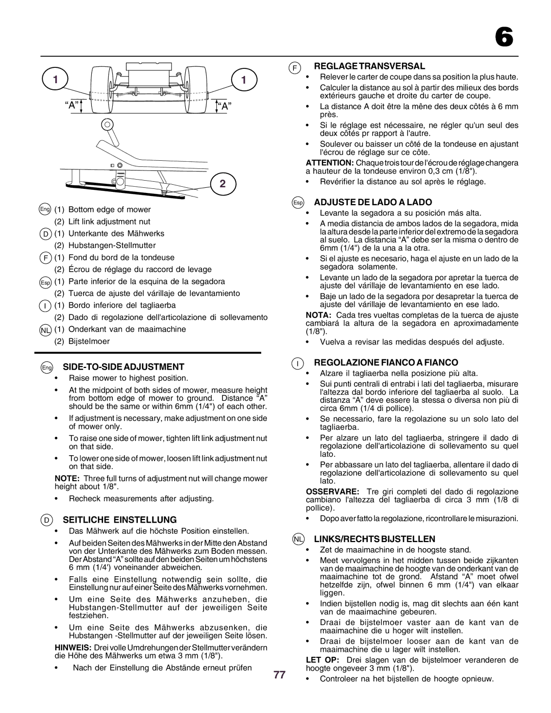 Husqvarna CTH160II Seitliche Einstellung, Reglage Transversal, Regolazione Fianco a Fianco, NL LINKS/RECHTS Bijstellen 