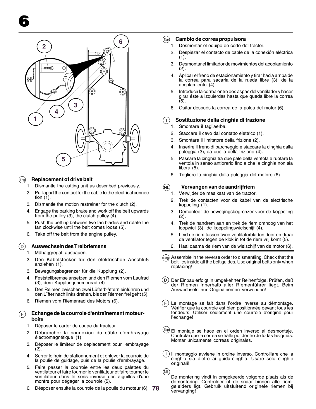 Husqvarna CTH160II Eng Replacement of drive belt, Auswechsein des Treibriemens, Esp Cambio de correa propulsora 