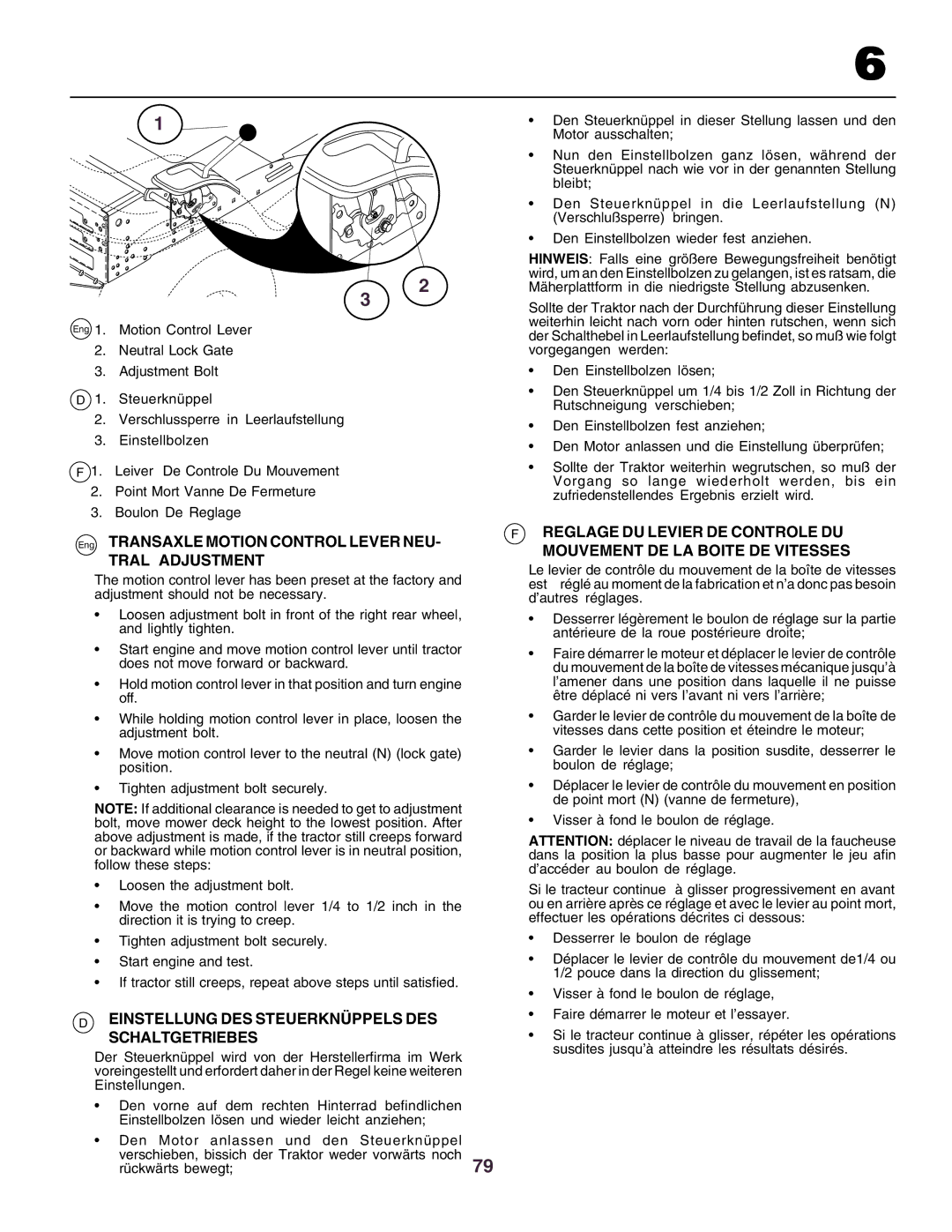 Husqvarna CTH160II instruction manual Eng Transaxle Motion Control Lever NEU, Tral Adjustment 