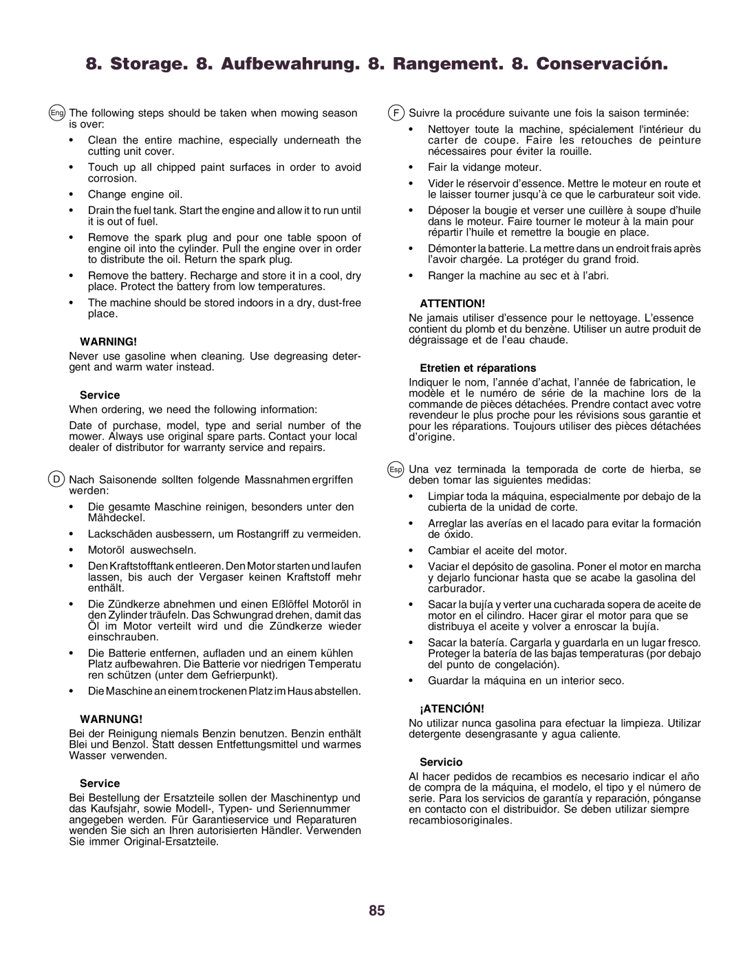 Husqvarna CTH160II Storage . Aufbewahrung . Rangement . Conservación, Service, Etretien et réparations, ¡Atención 