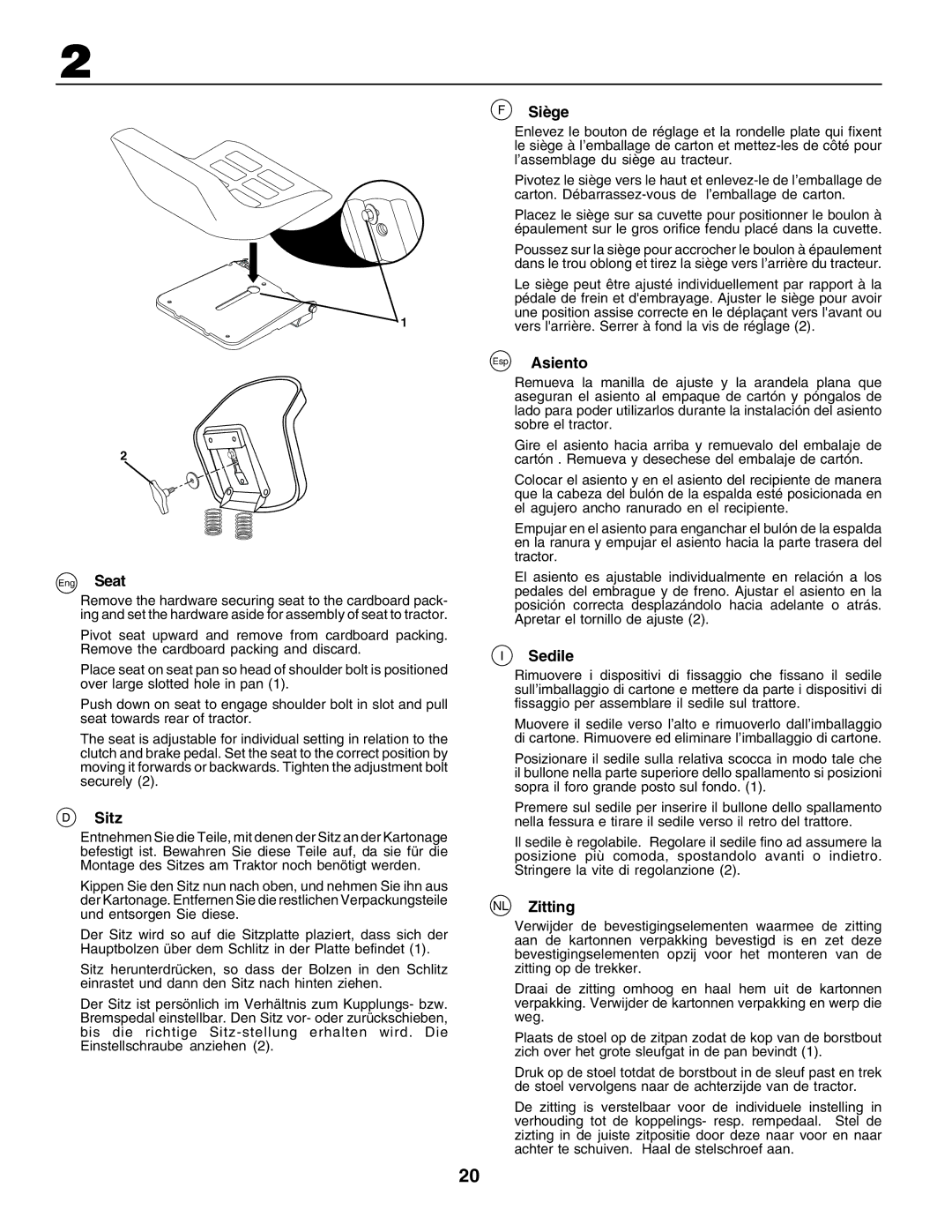 Husqvarna CTH170 instruction manual Sitz, Siège, Esp Asiento, Sedile, NL Zitting 