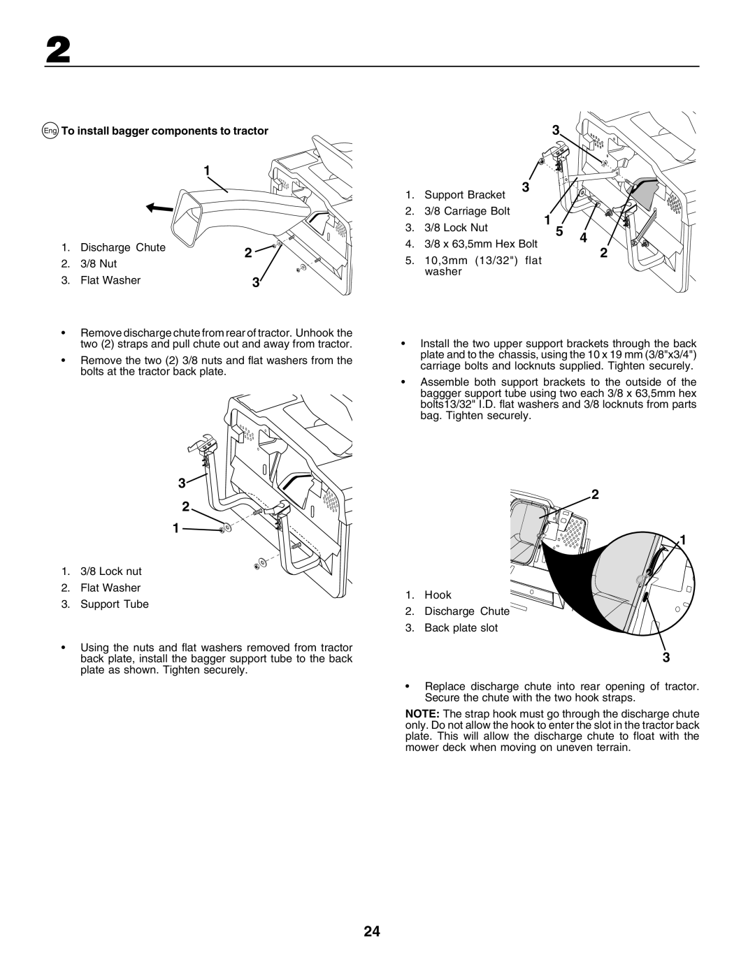 Husqvarna CTH170 instruction manual Eng To install bagger components to tractor, Discharge Chute Nut Flat Washer 