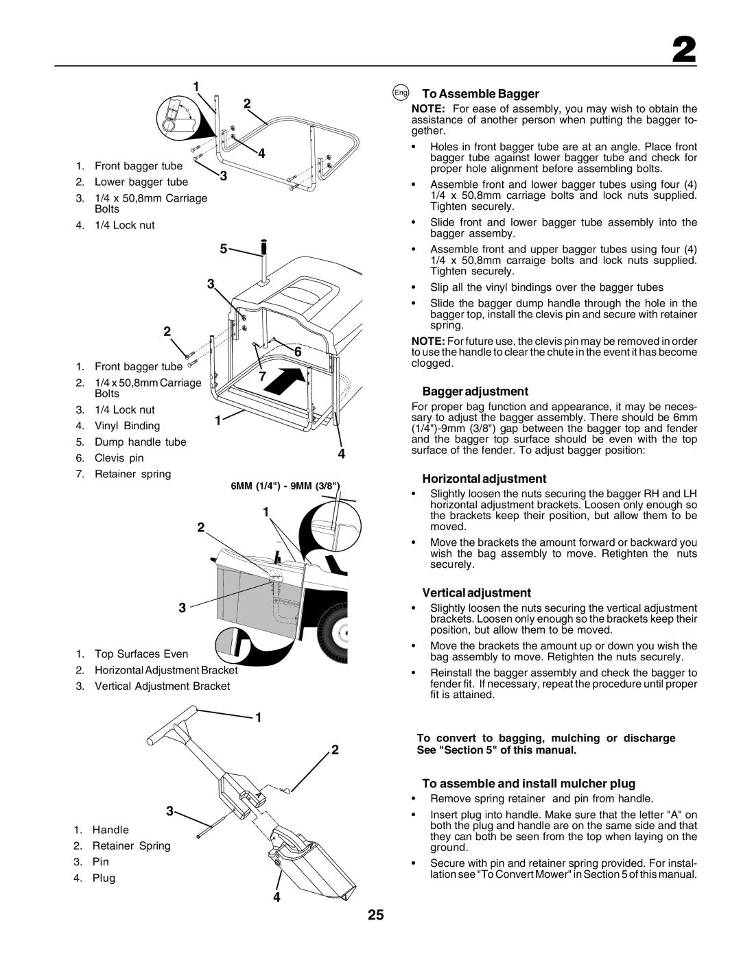 Husqvarna CTH170 instruction manual Eng To Assemble Bagger, Bagger adjustment, Horizontal adjustment, Vertical adjustment 