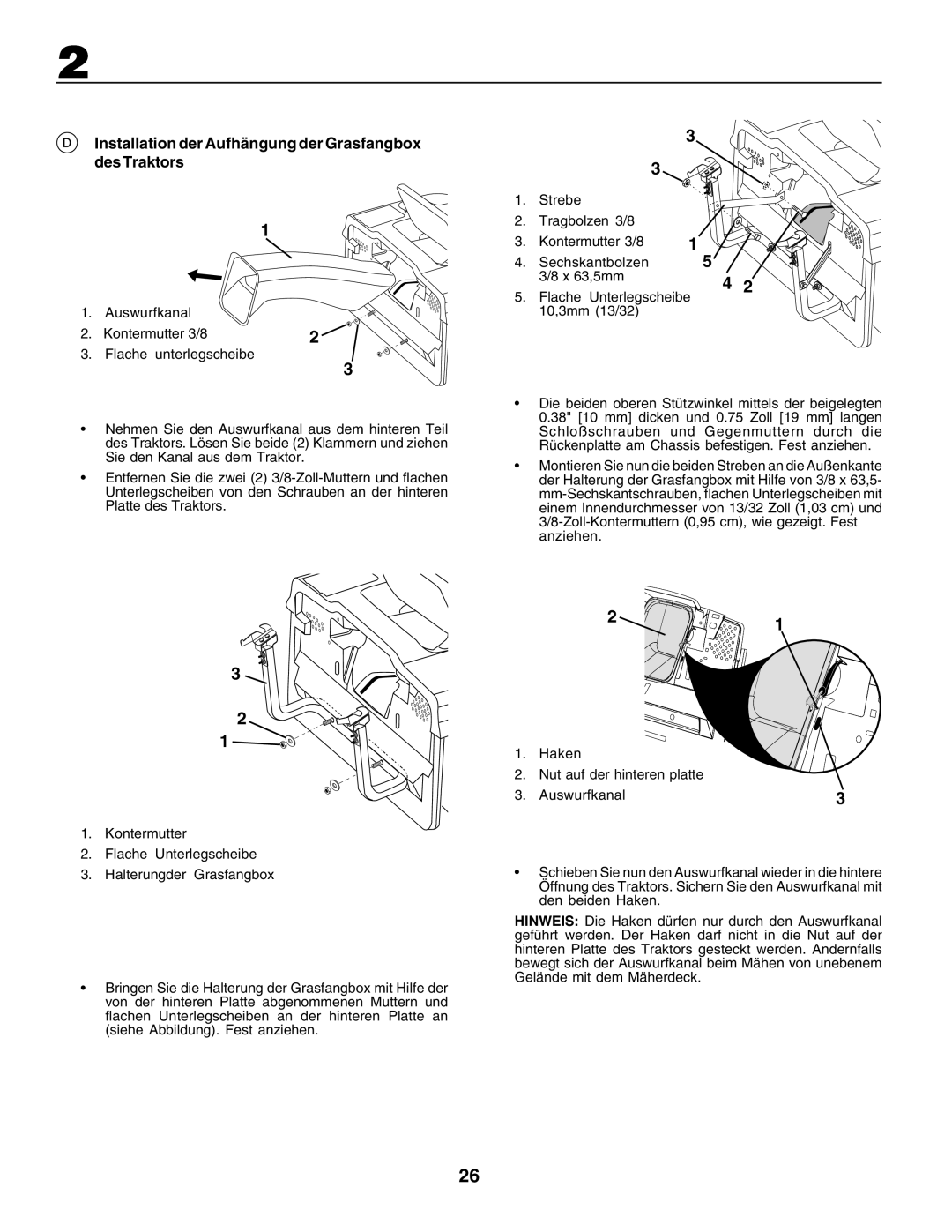 Husqvarna CTH170 instruction manual Installation der Aufhängung der Grasfangbox des Traktors 