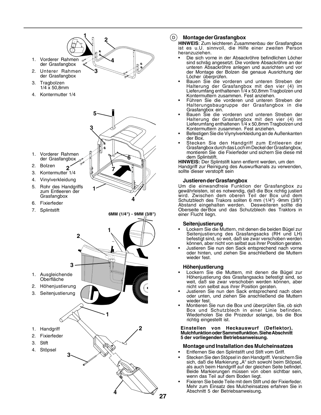 Husqvarna CTH170 instruction manual Montage der Grasfangbox, Justieren der Grasfangbox, Seitenjustierung, Höhenjustierung 