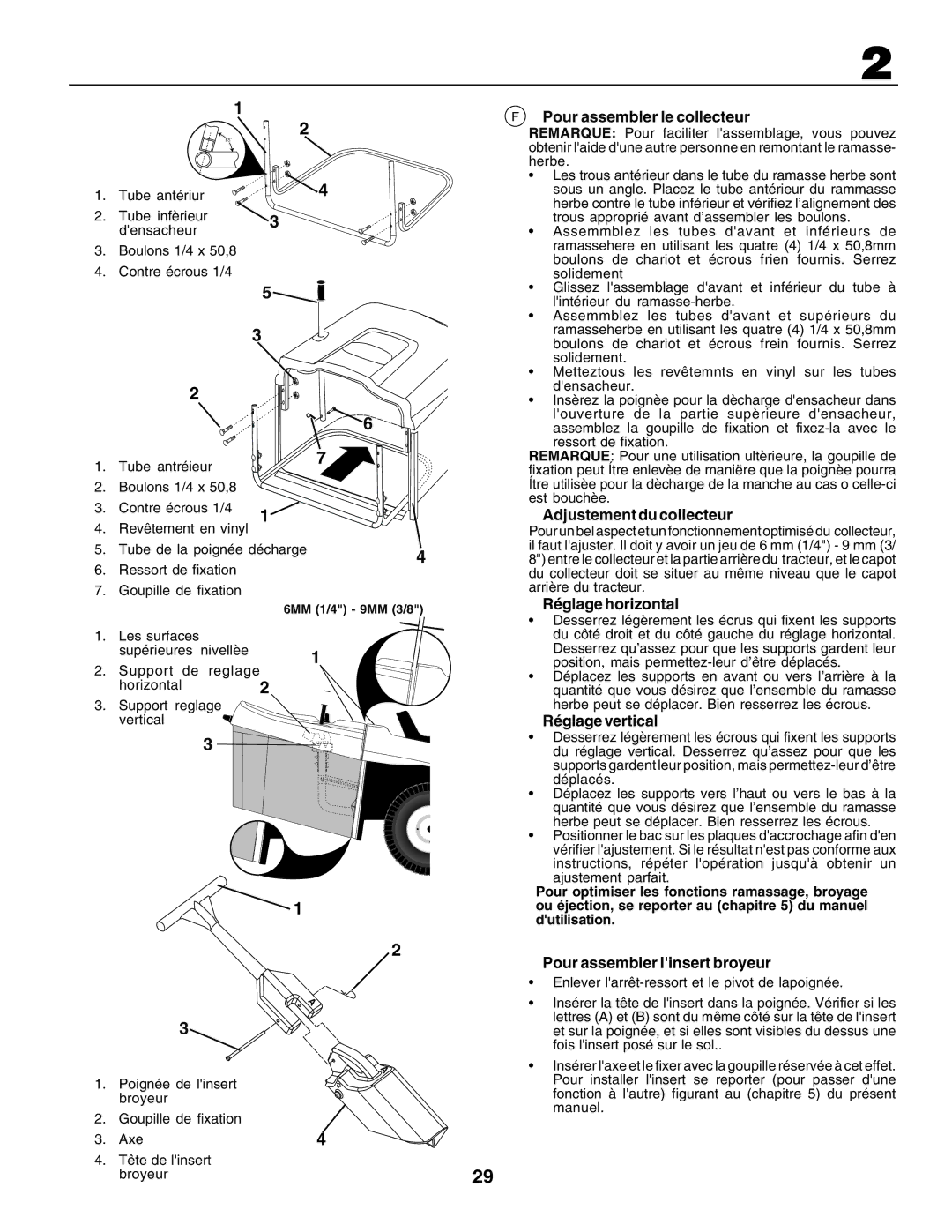 Husqvarna CTH170 Pour assembler le collecteur, Adjustement du collecteur, Réglage horizontal, Réglage vertical 