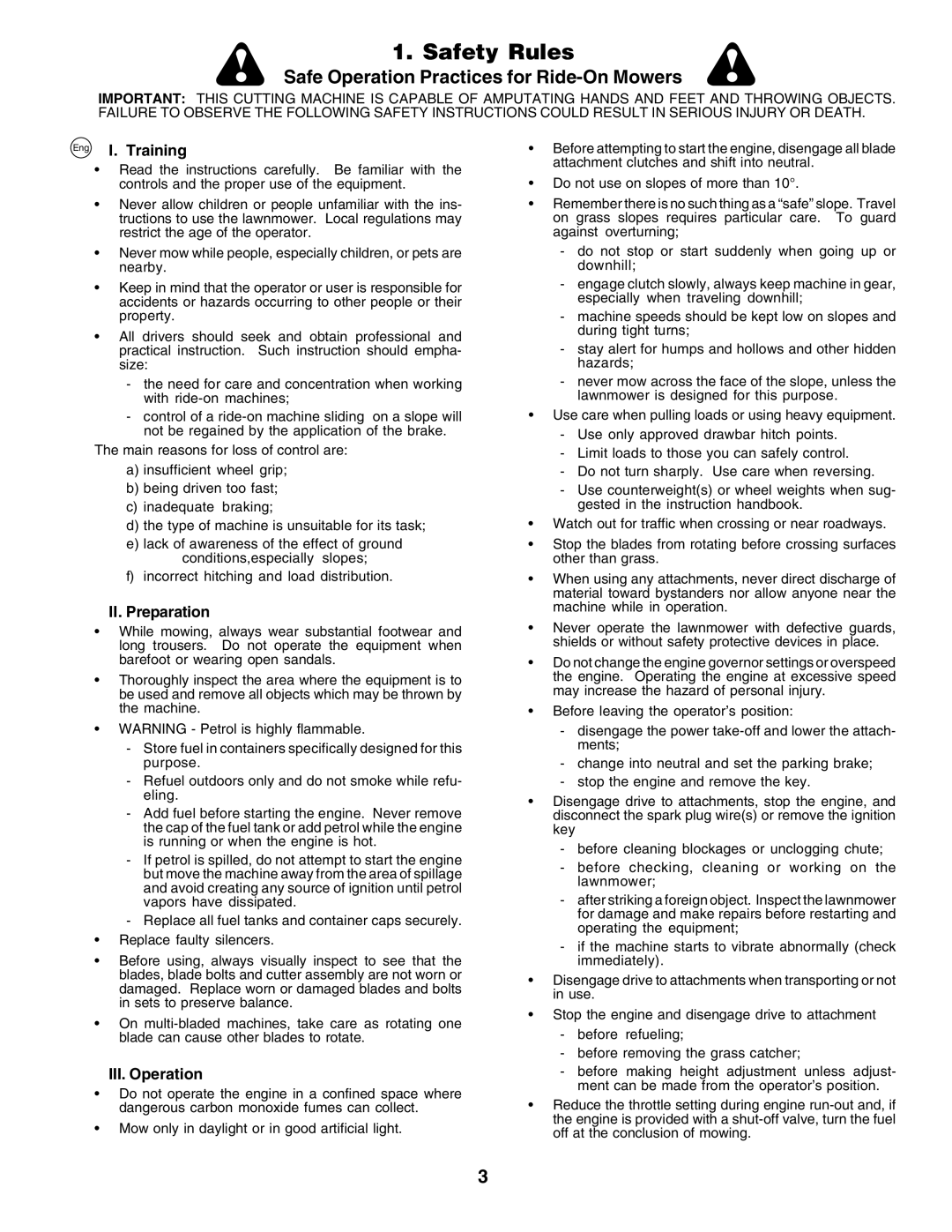 Husqvarna CTH170 instruction manual Safety Rules, Eng I. Training, II. Preparation, III. Operation 