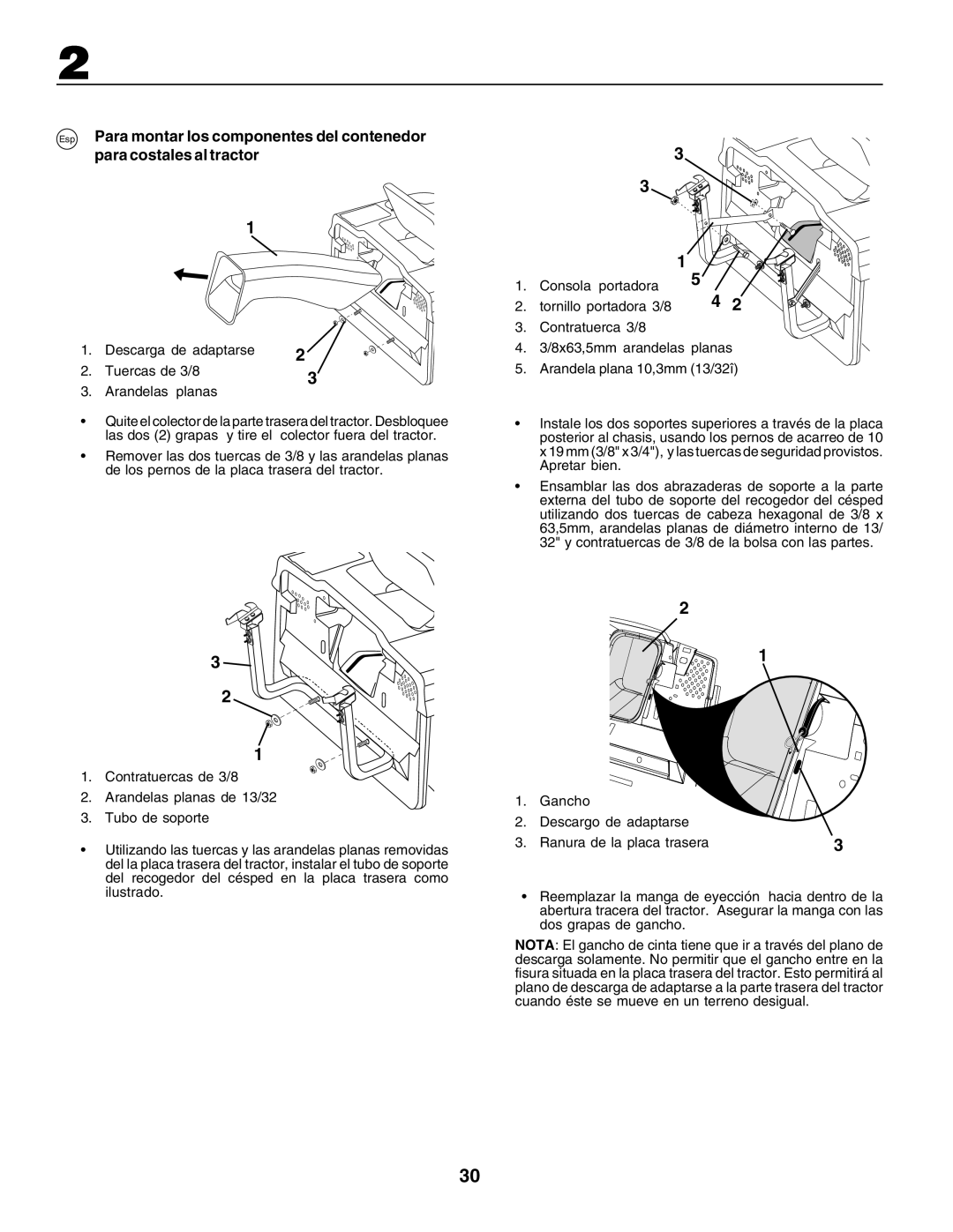 Husqvarna CTH170 instruction manual Descarga de adaptarse Tuercas de 3/8 Arandelas planas 