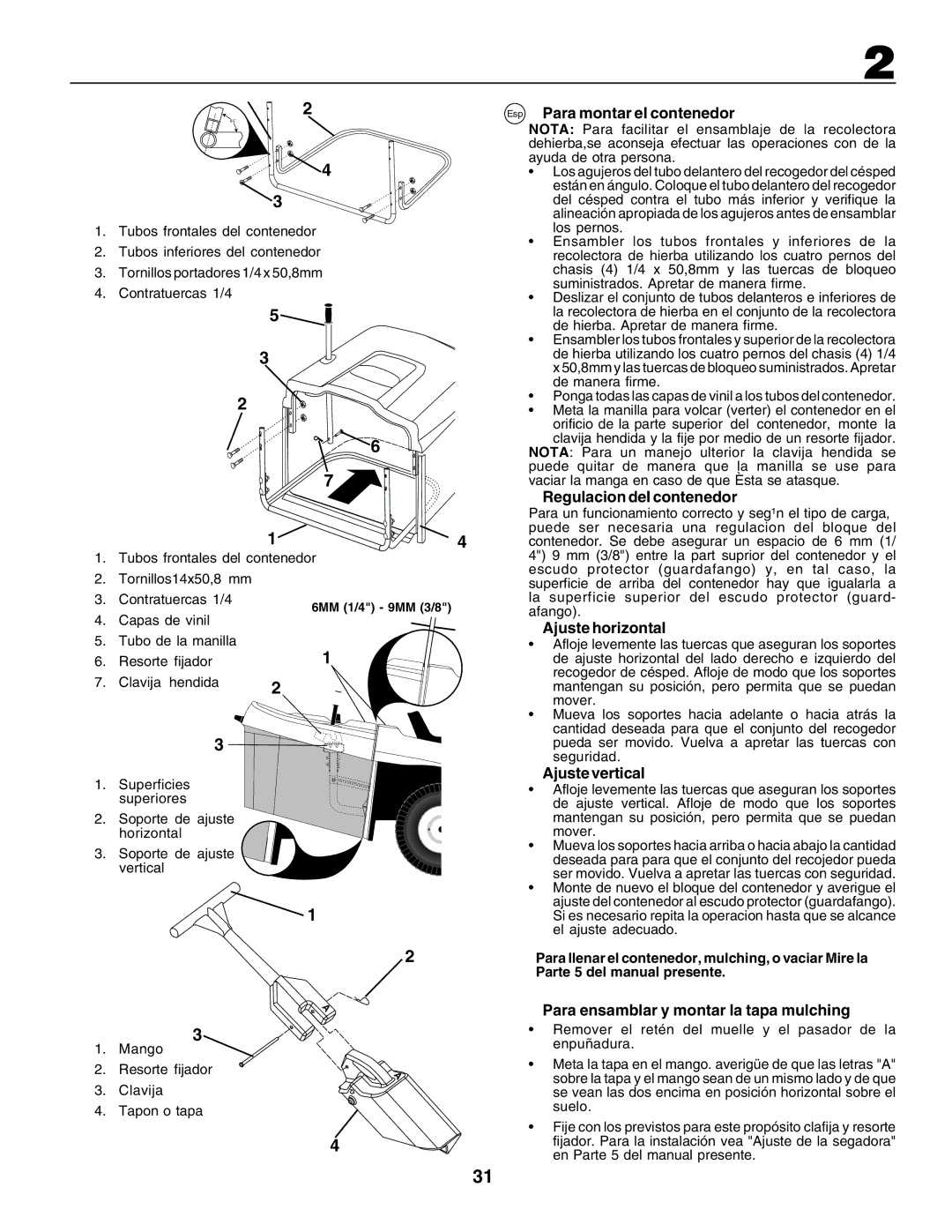 Husqvarna CTH170 Esp Para montar el contenedor, Regulacion del contenedor, Ajuste horizontal, Ajuste vertical 