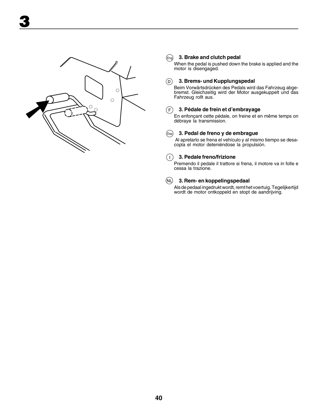 Husqvarna CTH170 Eng 3. Brake and clutch pedal, Brems- und Kupplungspedal, Pédale de frein et d’embrayage 