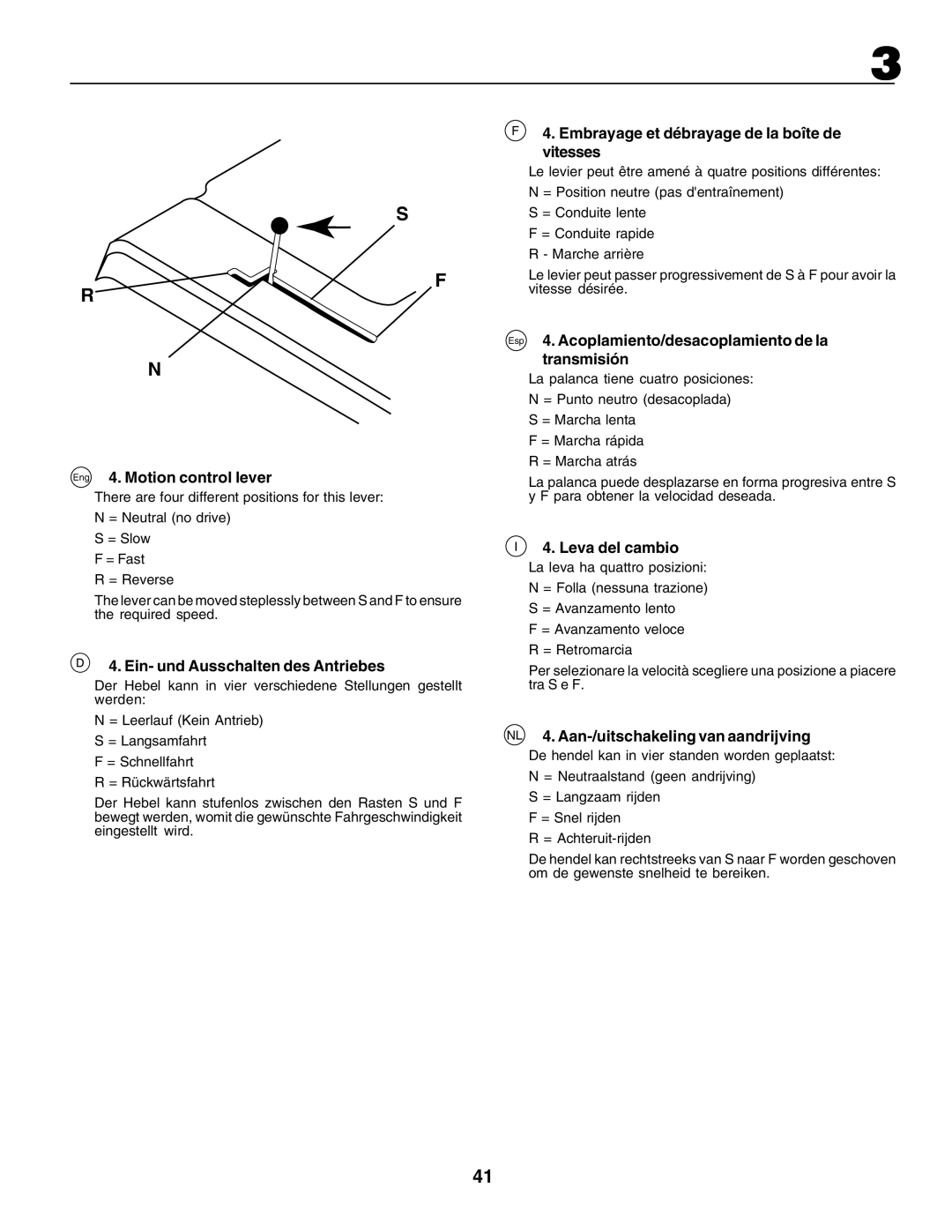 Husqvarna CTH170 instruction manual Eng 4. Motion control lever, Ein- und Ausschalten des Antriebes, Leva del cambio 