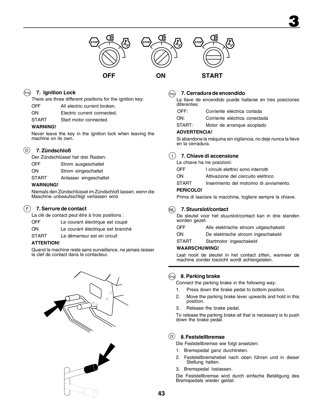 Husqvarna CTH170 Eng 7. Ignition Lock, Esp 7. Cerradura de encendido, Zündschloß, Serrure de contact, Chiave di accensione 