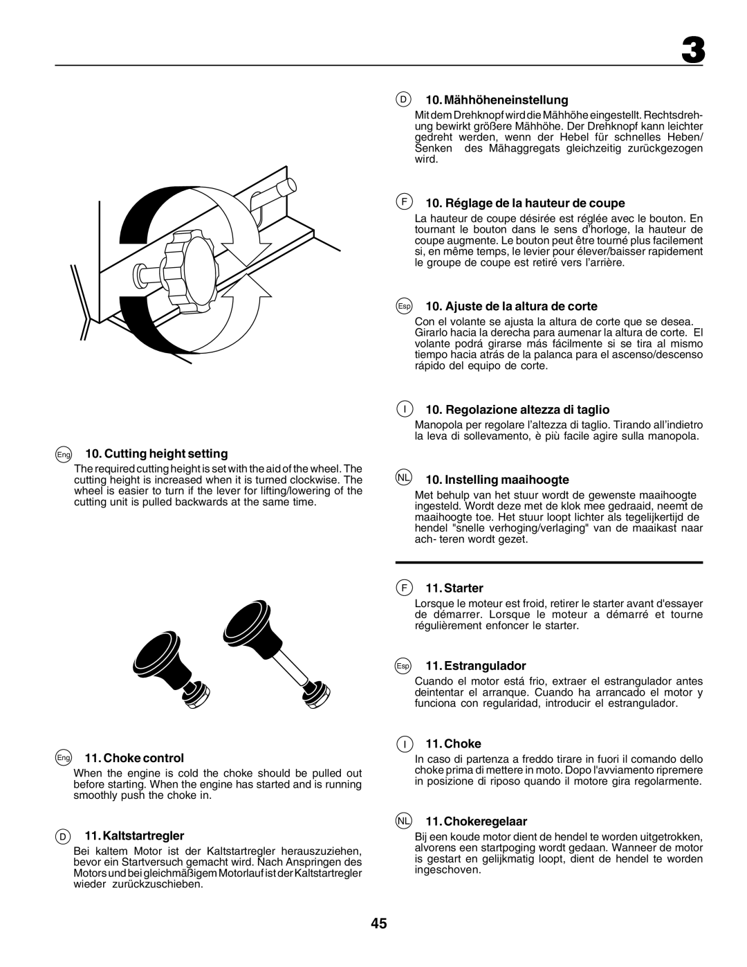 Husqvarna CTH170 Eng 10. Cutting height setting, Eng 11. Choke control, Kaltstartregler, 10. Mähhöheneinstellung, Starter 