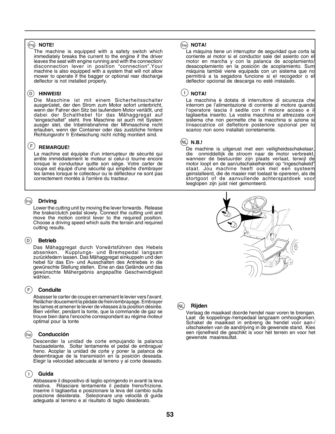 Husqvarna CTH170 instruction manual Eng Driving, Betrieb, Conduite, Esp Conducción, NL Rijden, Guida 