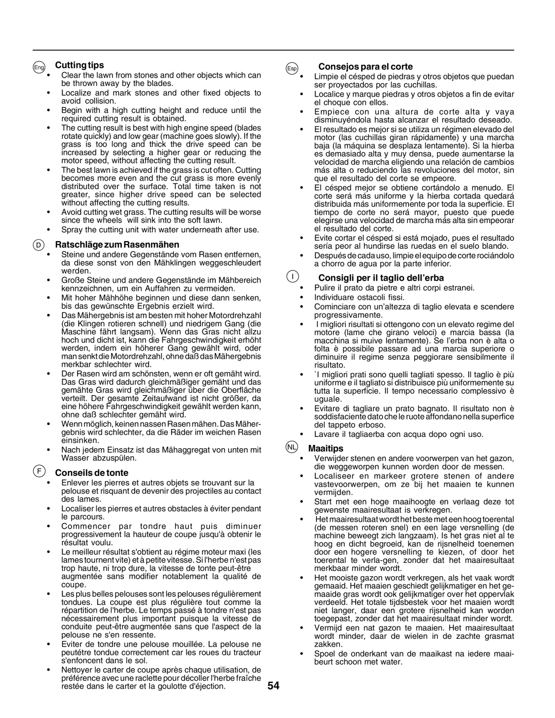 Husqvarna CTH170 Eng Cutting tips, Ratschläge zum Rasenmähen, Conseils de tonte, Esp Consejos para el corte, NL Maaitips 