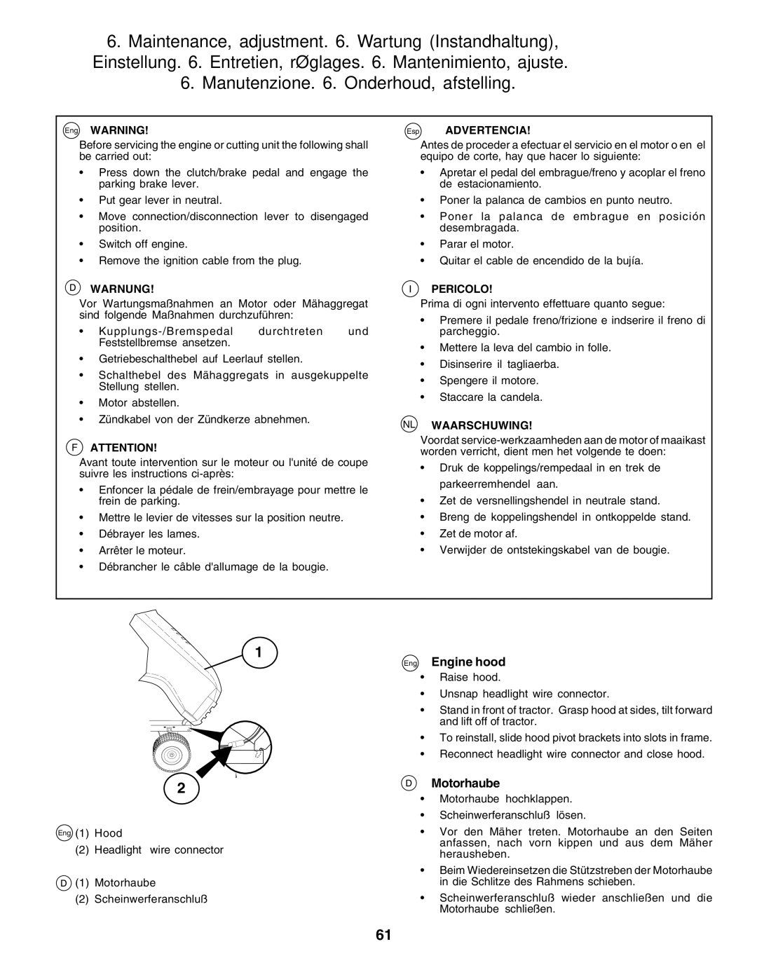 Husqvarna CTH170 instruction manual Eng Engine hood, Motorhaube, Esp Advertencia 