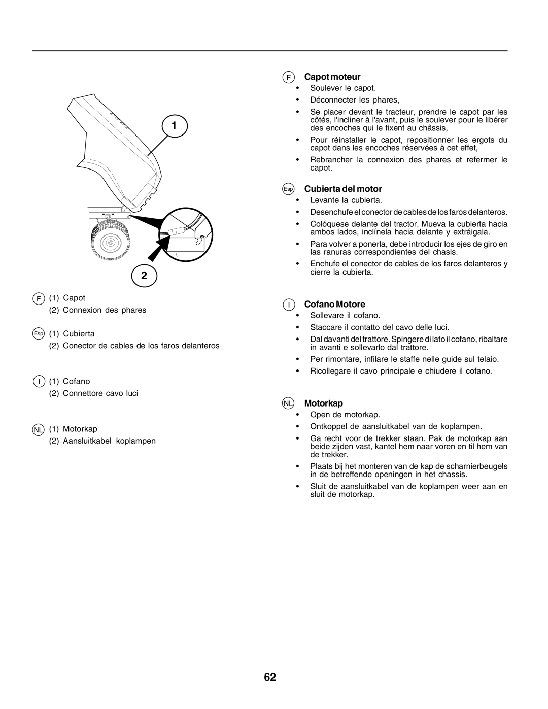 Husqvarna CTH170 instruction manual Capot moteur, Esp Cubierta del motor, Cofano Motore, NL Motorkap 