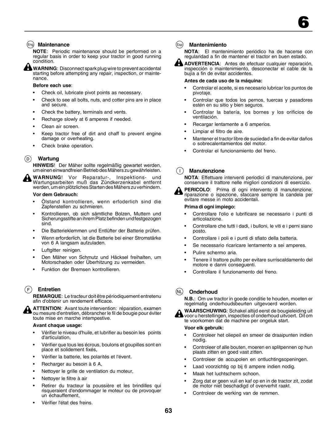 Husqvarna CTH170 instruction manual Eng Maintenance, Wartung, Entretien, Esp Mantenimiento, Manutenzione, NL Onderhoud 