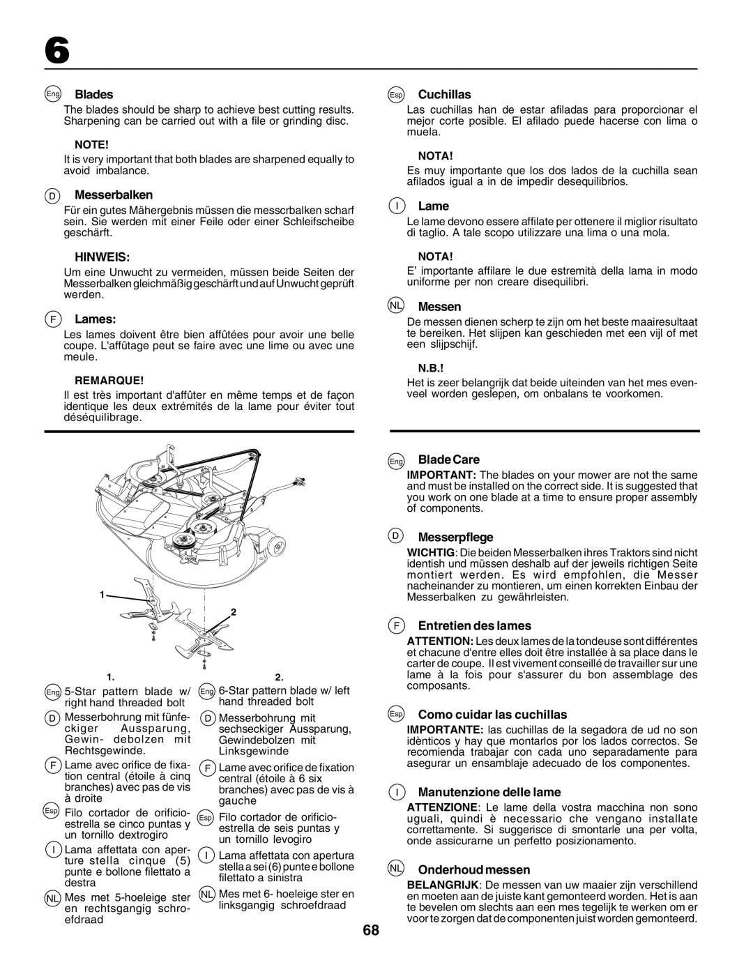 Husqvarna CTH170 instruction manual Eng Blades, Messerbalken, Lames, Esp Cuchillas, NL Messen, Eng Blade Care, Messerpflege 