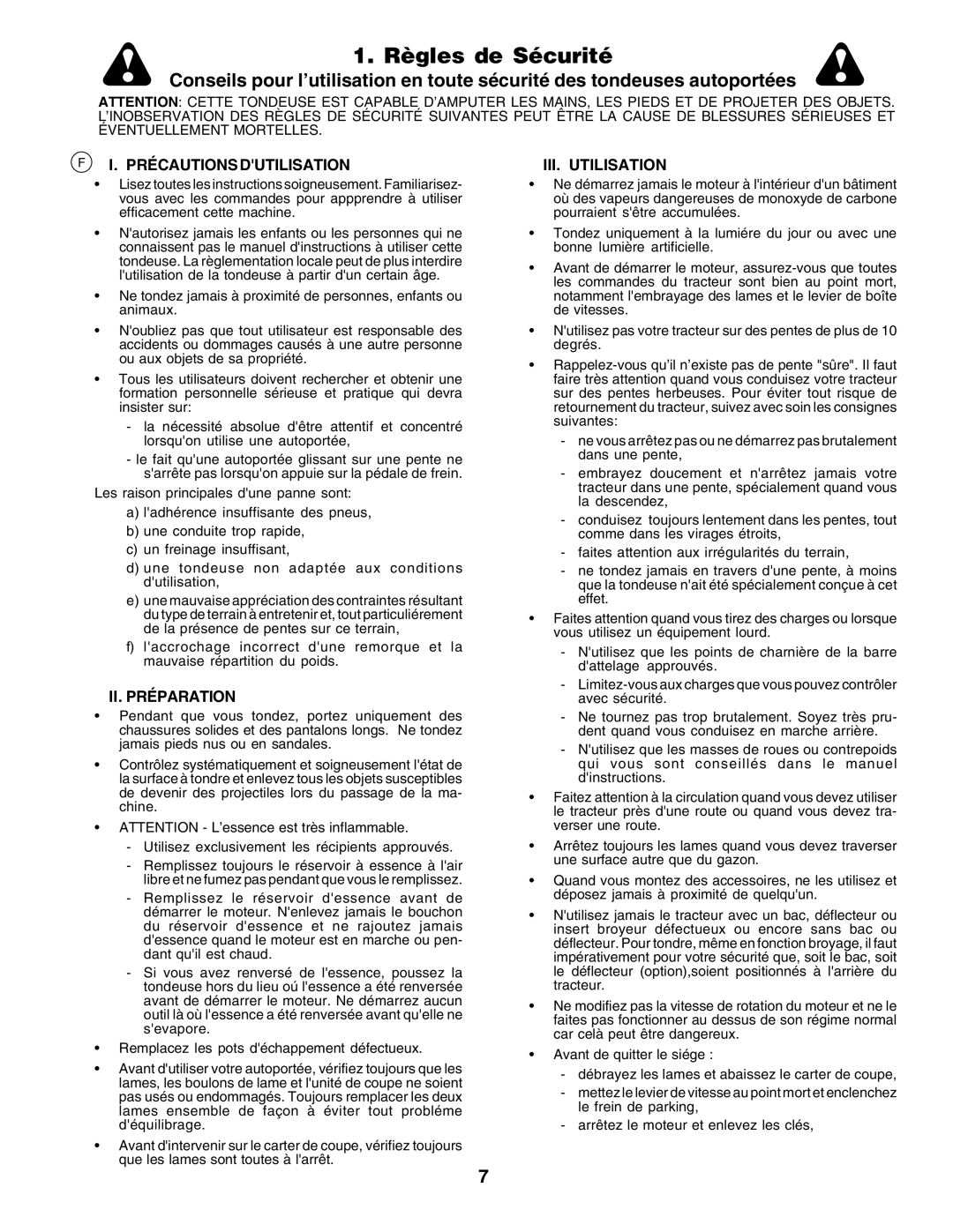 Husqvarna CTH170 instruction manual Règles de Sécurité, Précautions Dutilisation, II. Préparation, III. Utilisation 