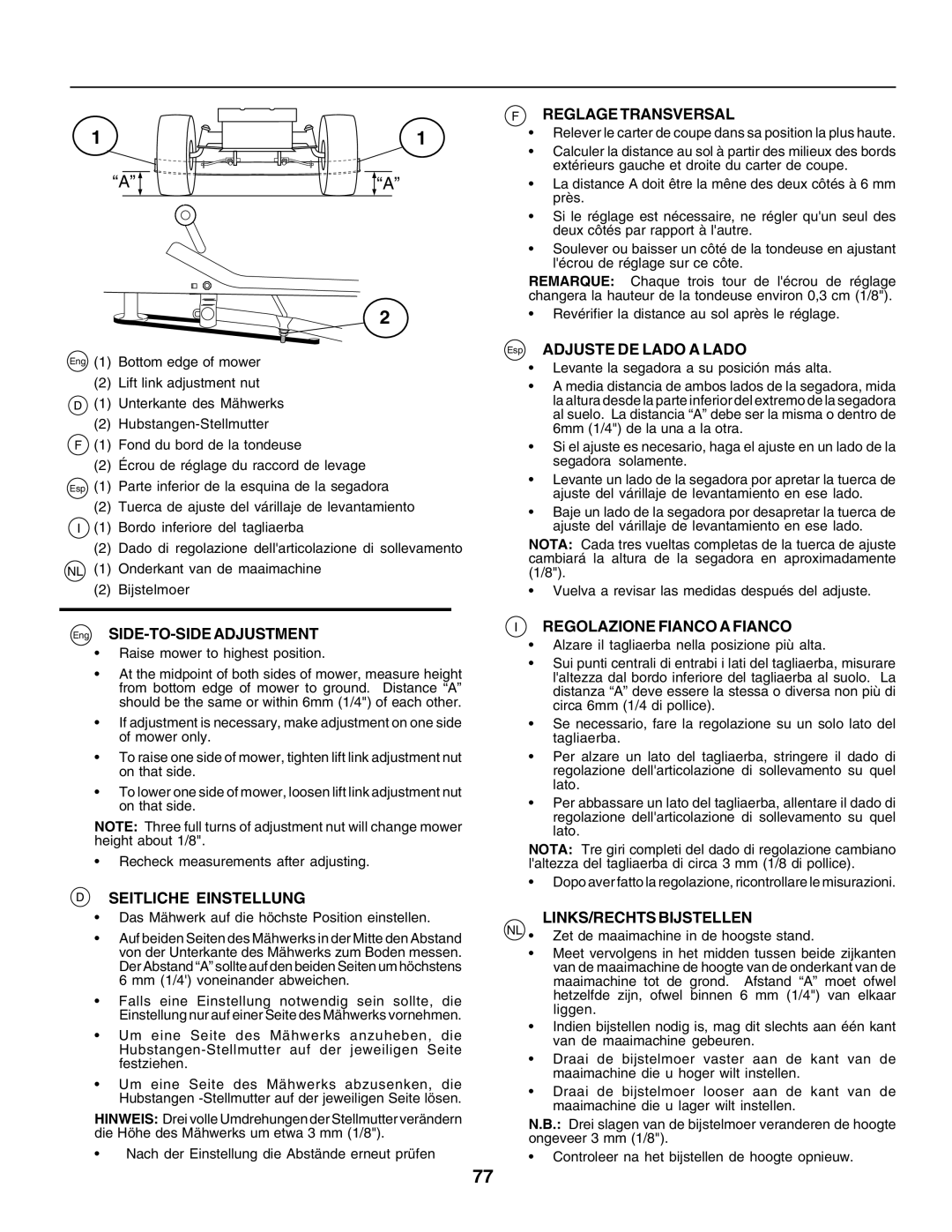 Husqvarna CTH170 Seitliche Einstellung, Reglage Transversal, Regolazione Fianco a Fianco, LINKS/RECHTS Bijstellen 