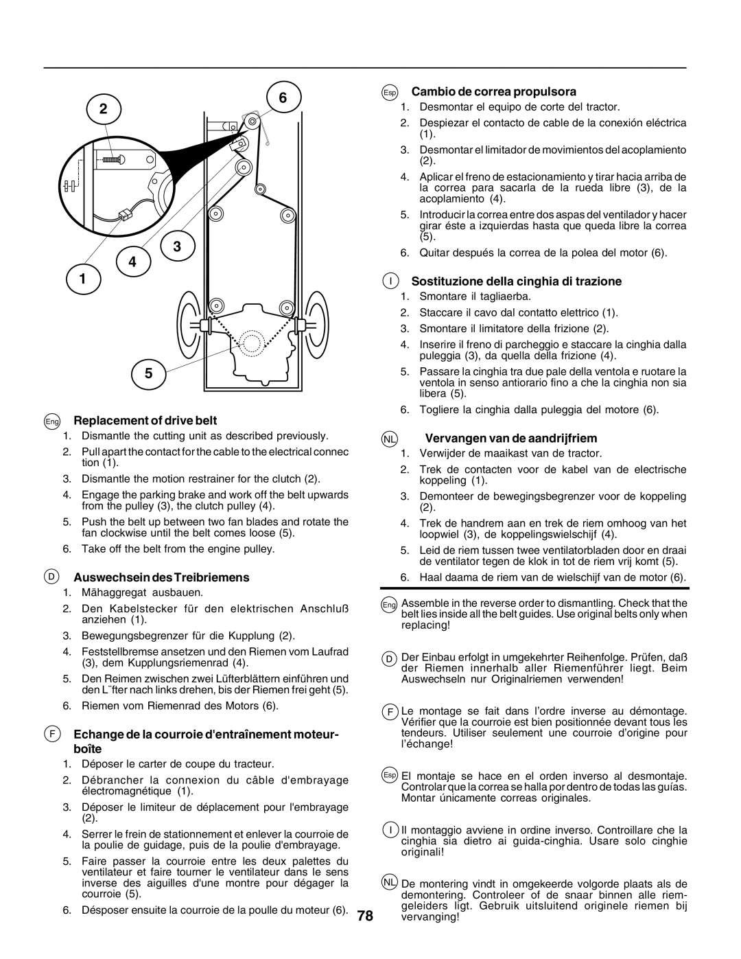 Husqvarna CTH170 Eng Replacement of drive belt, Auswechsein des Treibriemens, Esp Cambio de correa propulsora 