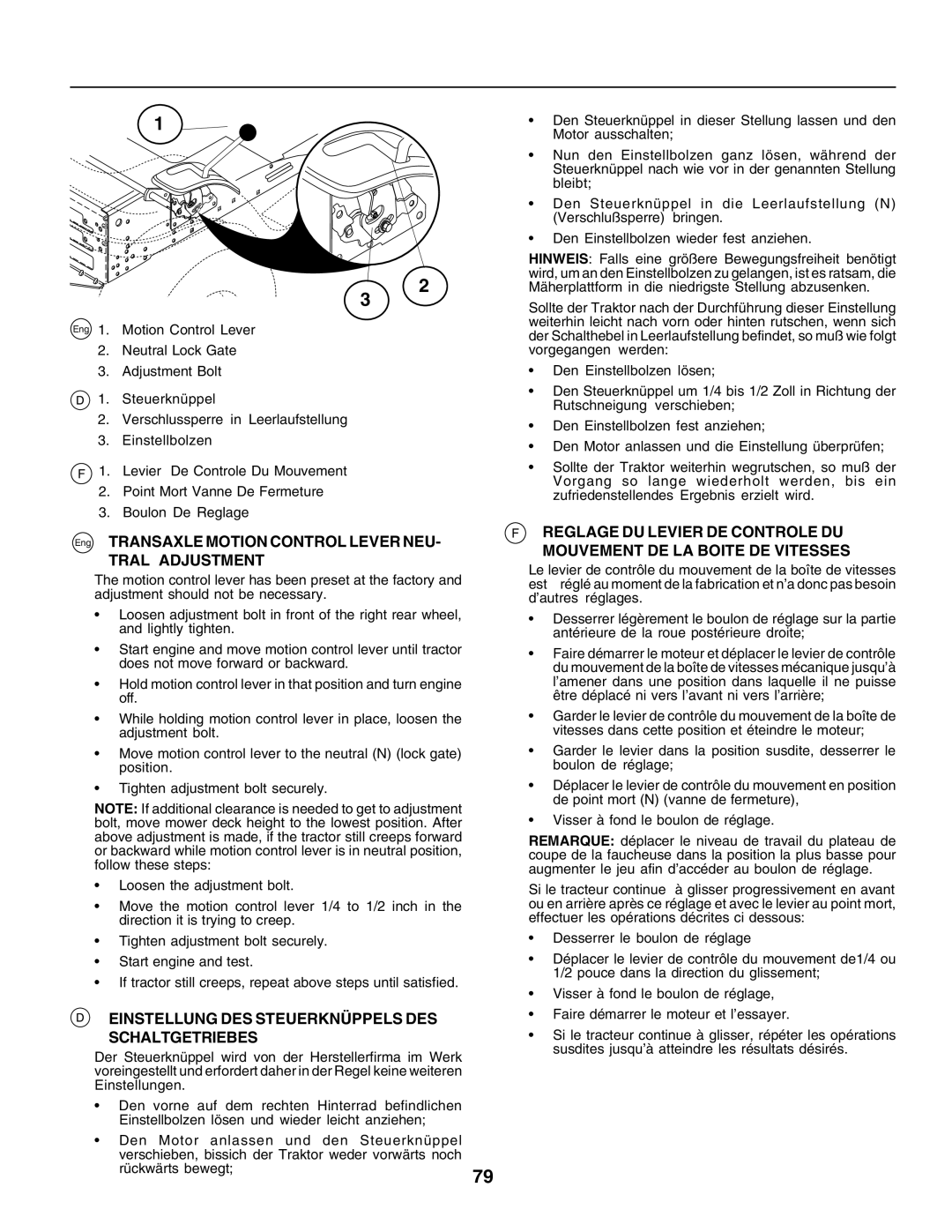 Husqvarna CTH170 instruction manual Eng Transaxle Motion Control Lever NEU, Tral Adjustment 