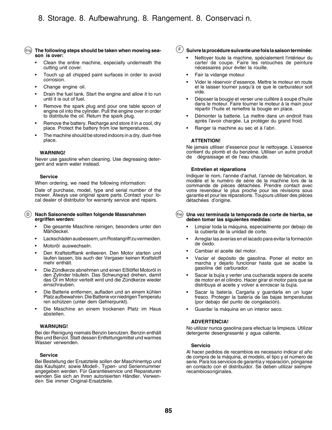 Husqvarna CTH170 Storage . Aufbewahrung . Rangement . Conservación, Service, Entretien et réparations, Servicio 