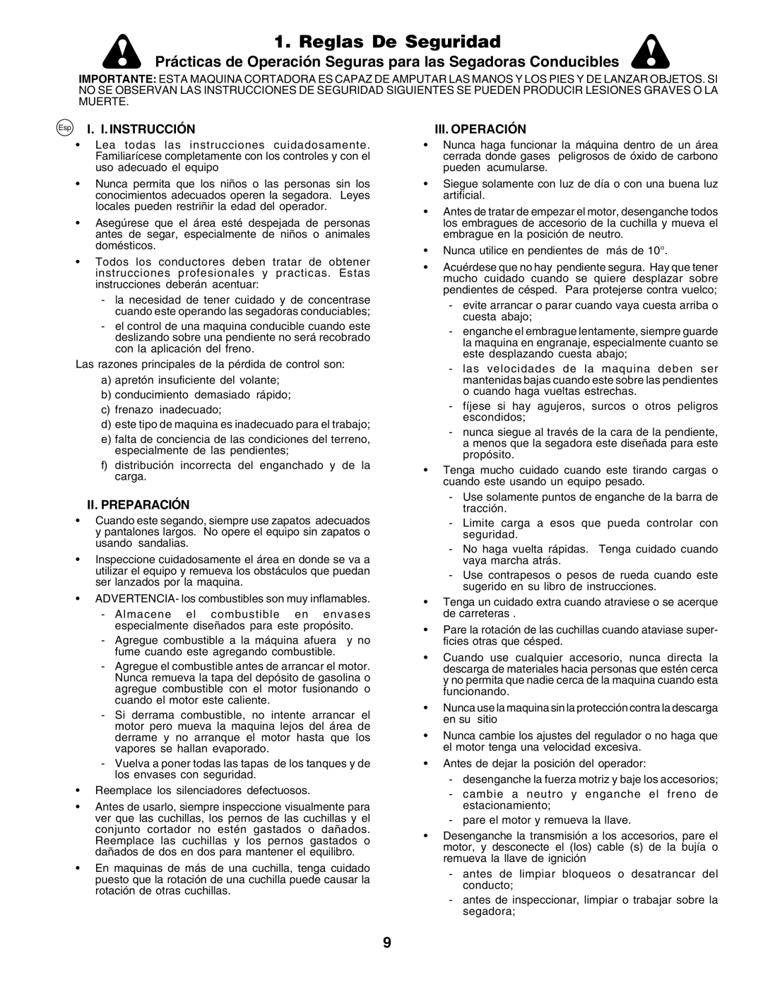 Husqvarna CTH170 instruction manual Reglas De Seguridad, Instrucción, II. Preparación, III. Operación 