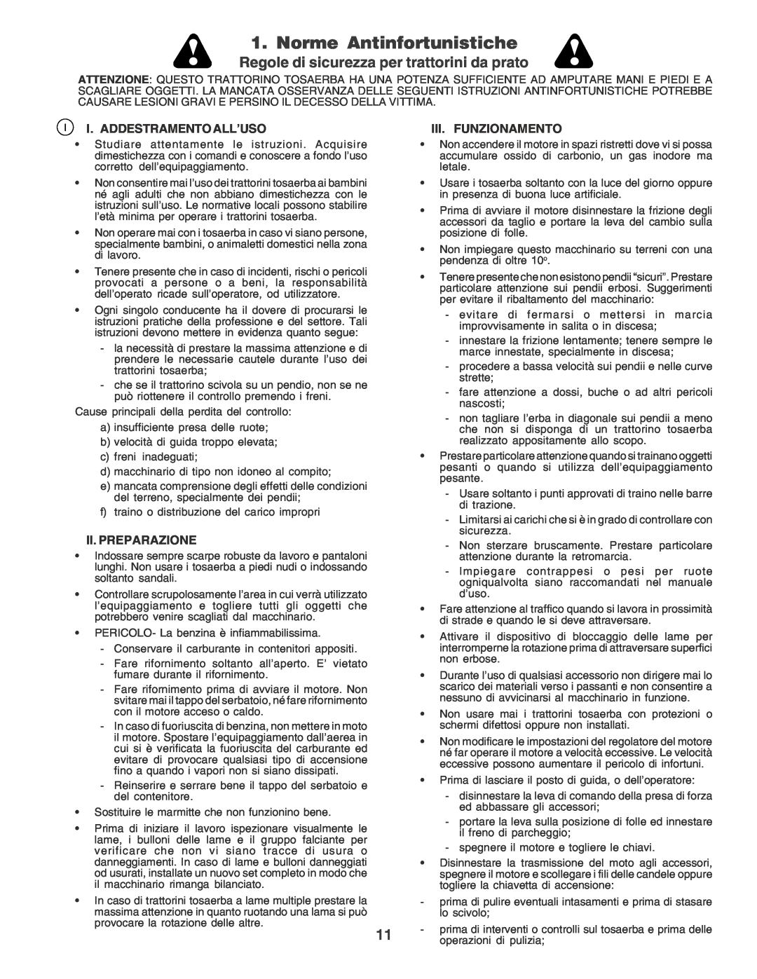 Husqvarna CTH170 Norme Antinfortunistiche, Regole di sicurezza per trattorini da prato, I. Addestramento All’Uso 