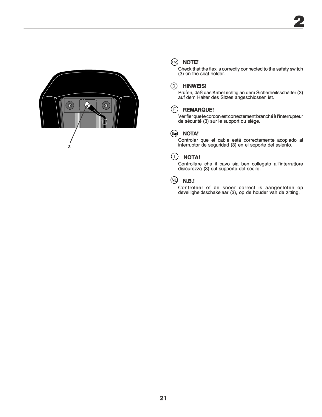 Husqvarna CTH170 instruction manual Hinweis, Remarque, Nota, on the seat holder 