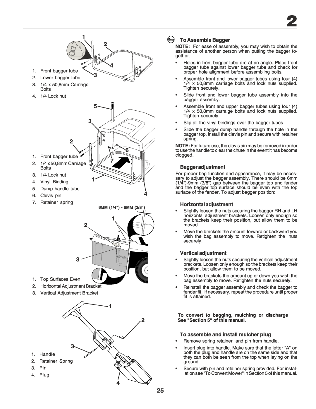 Husqvarna CTH170 instruction manual Eng To Assemble Bagger, Bagger adjustment, Horizontal adjustment, Vertical adjustment 