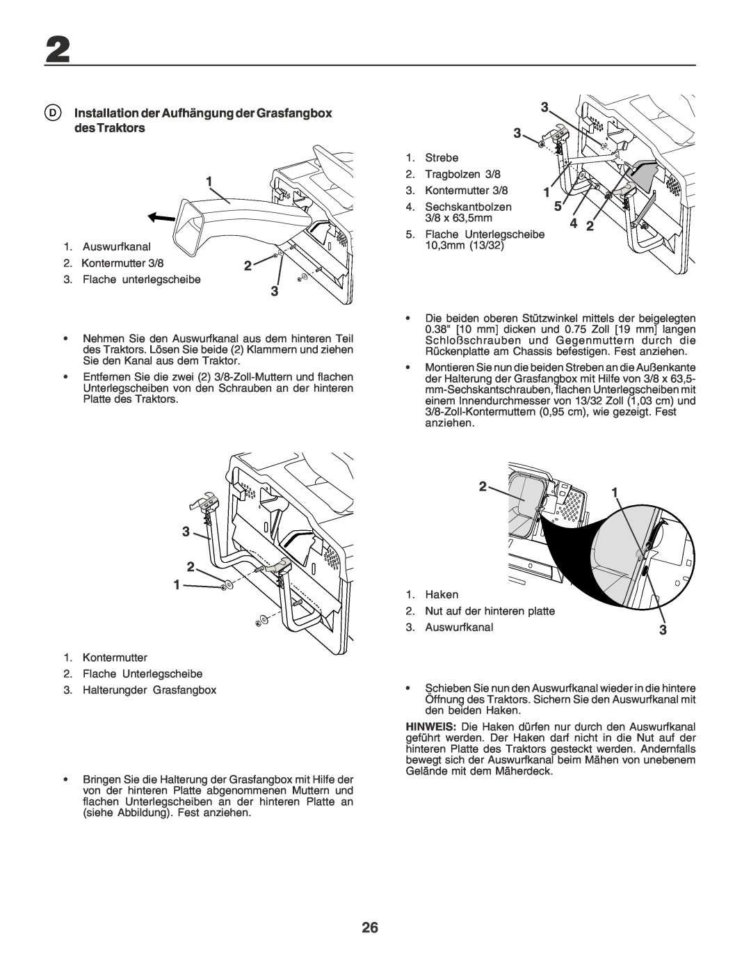 Husqvarna CTH170 instruction manual Installation der Aufhängung der Grasfangbox des Traktors 