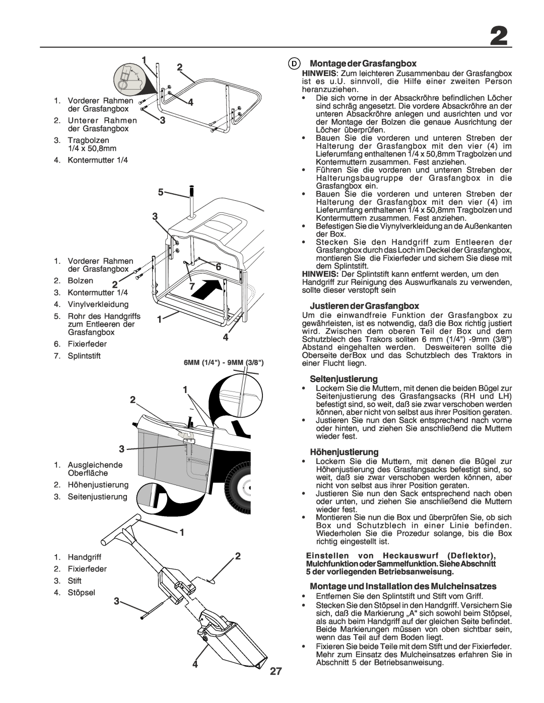 Husqvarna CTH170 instruction manual Montage der Grasfangbox, Justieren der Grasfangbox, Seitenjustierung, Höhenjustierung 