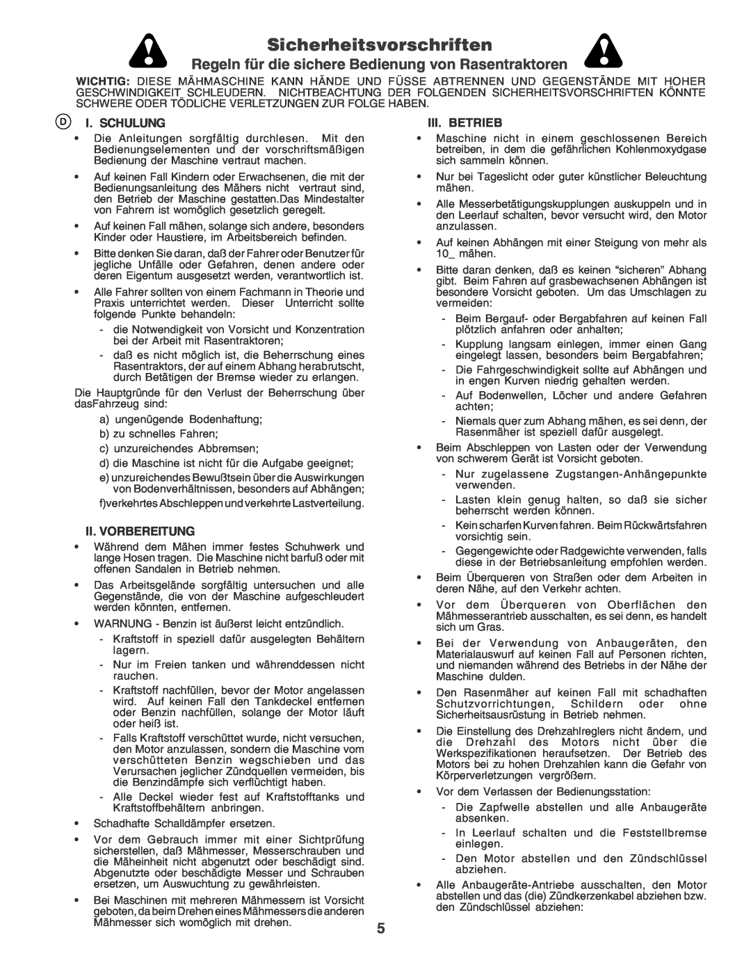 Husqvarna CTH170 Sicherheitsvorschriften, Regeln für die sichere Bedienung von Rasentraktoren, I. Schulung, Iii. Betrieb 