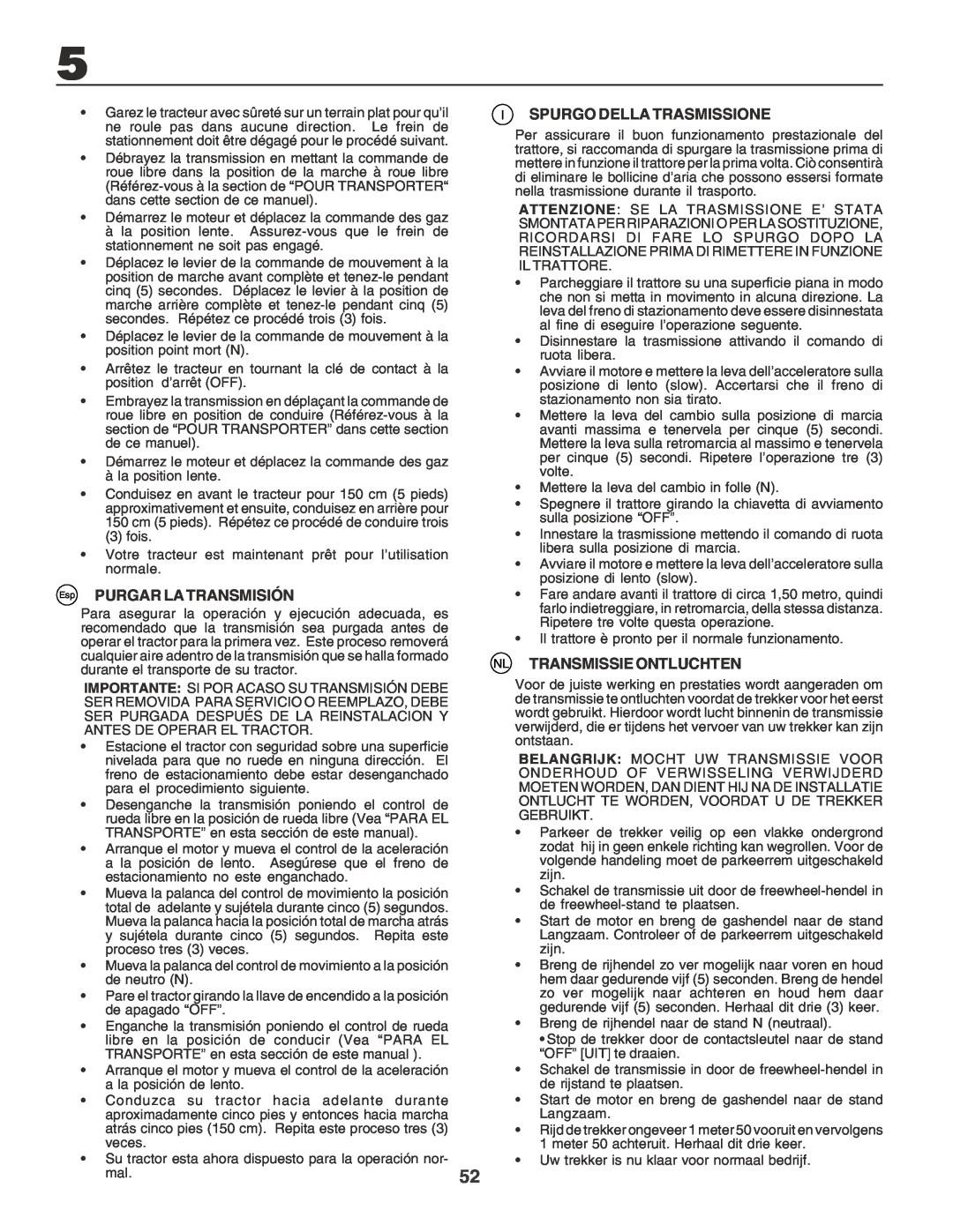 Husqvarna CTH170 instruction manual Esp PURGAR LA TRANSMISIÓN, Spurgo Della Trasmissione, Nl Transmissie Ontluchten 