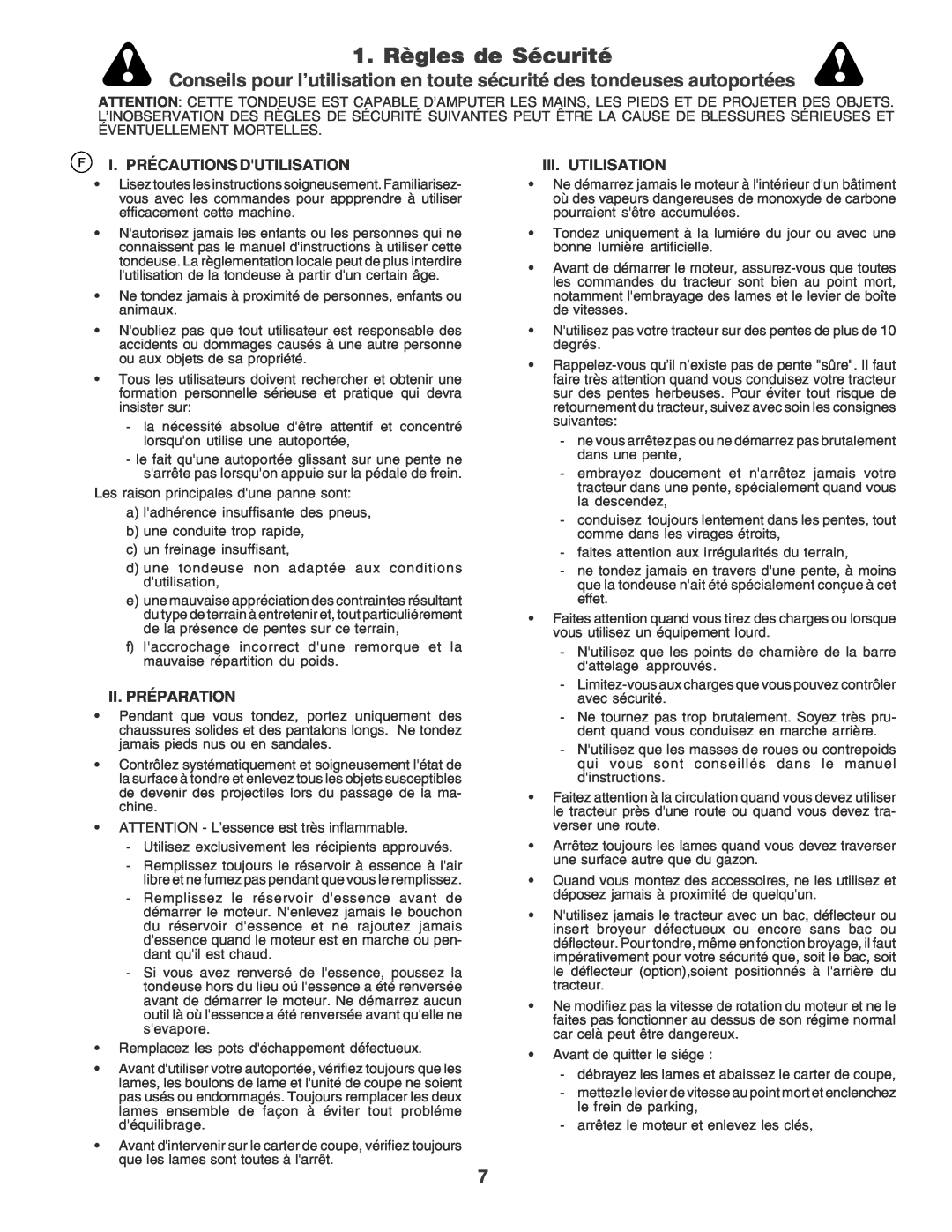 Husqvarna CTH170 instruction manual 1. Règles de Sécurité, F I. Précautions Dutilisation, Ii. Préparation, Iii. Utilisation 