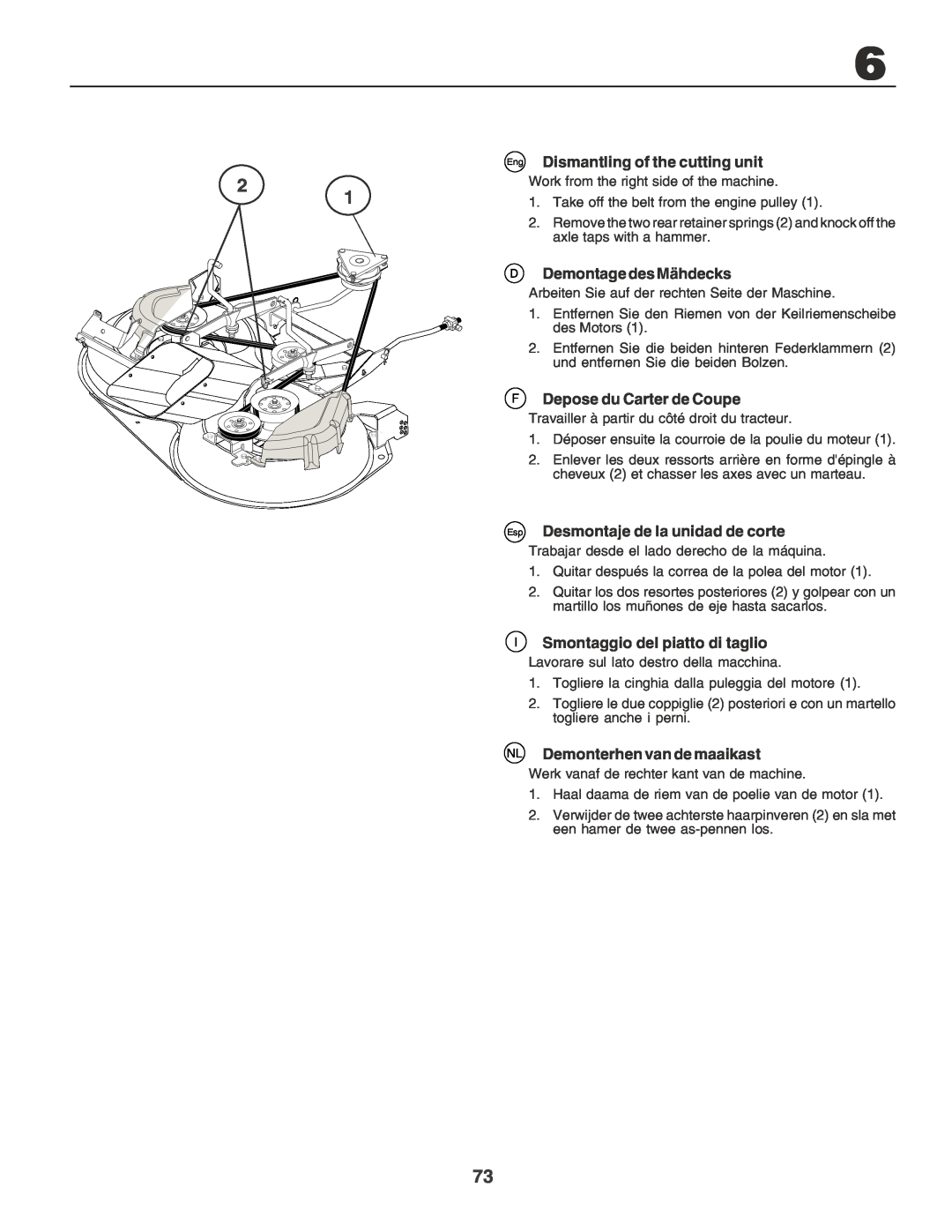 Husqvarna CTH170 instruction manual Dismantling of the cutting unit, Demontage des Mähdecks, Depose du Carter de Coupe 
