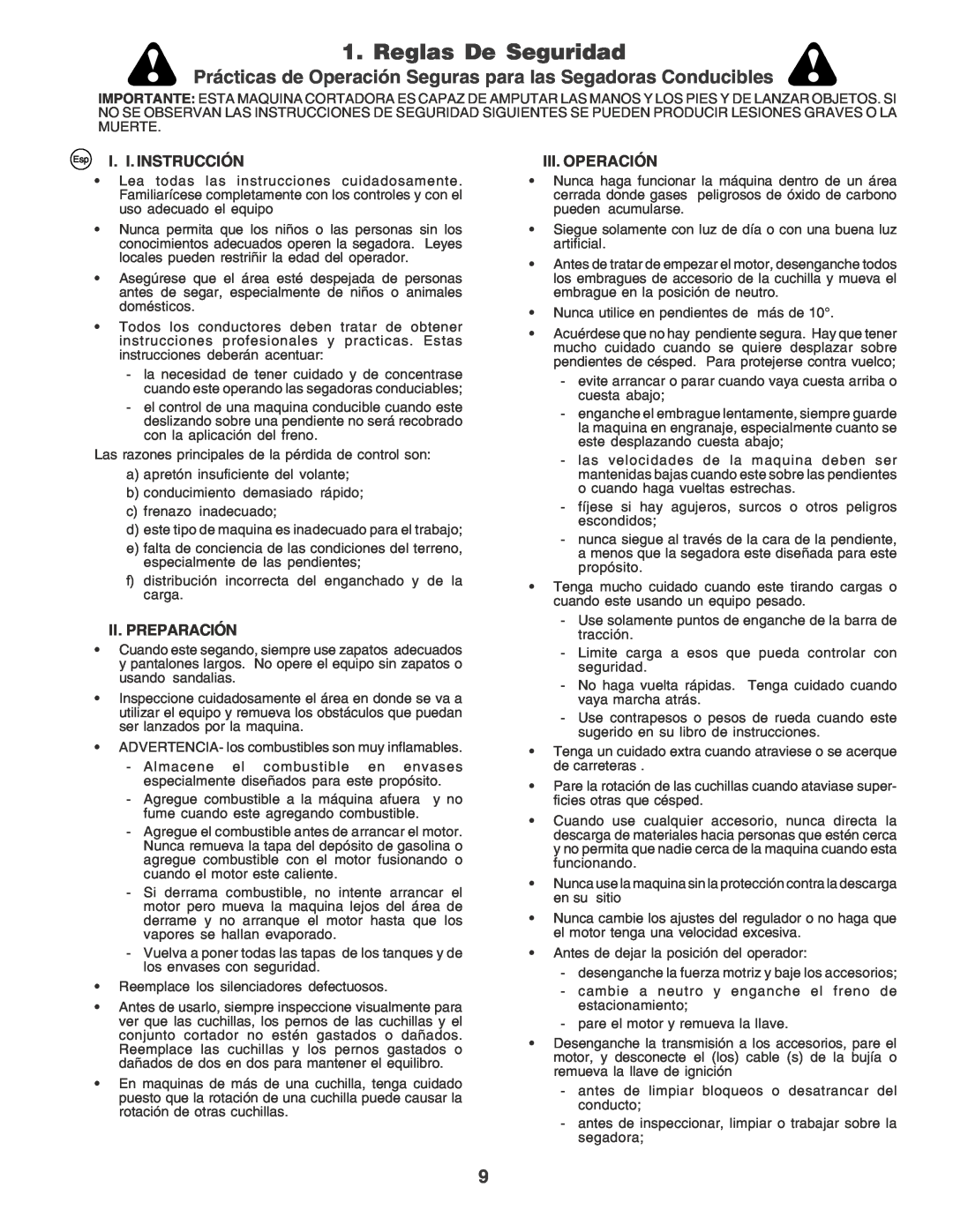 Husqvarna CTH170 Reglas De Seguridad, Prácticas de Operación Seguras para las Segadoras Conducibles, I. I. Instrucción 