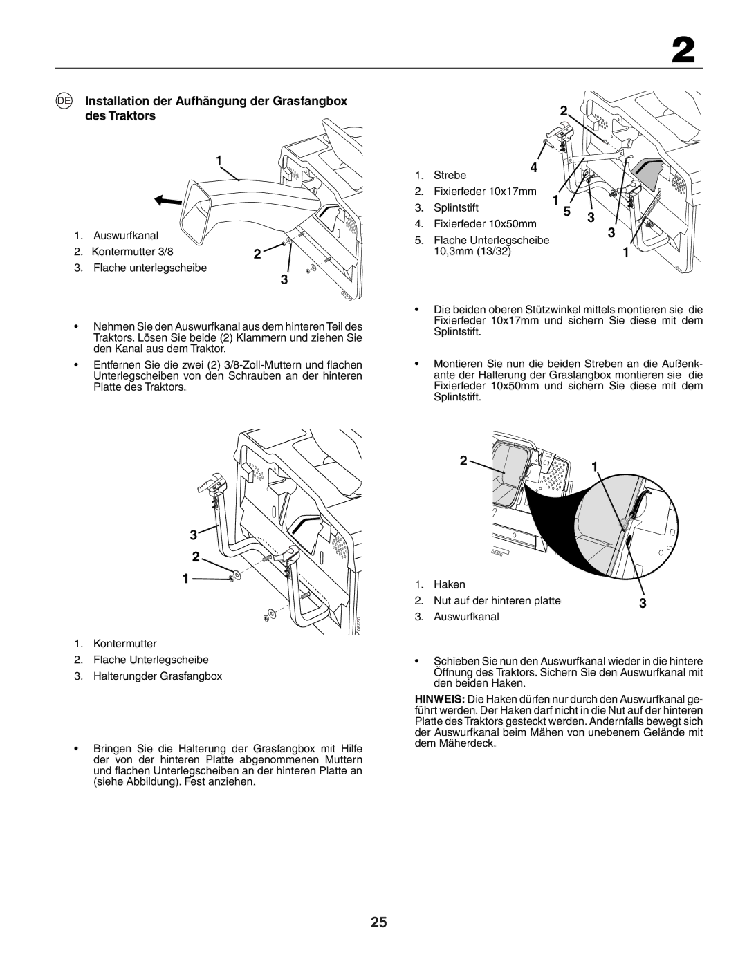 Husqvarna CTH172, CTH171, CTH191 instruction manual Installation der Aufhängung der Grasfangbox des Traktors, 10,3mm 13/32 