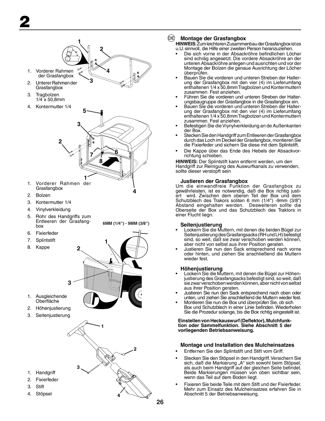 Husqvarna CTH191, CTH171, CTH172 Montage der Grasfangbox, Justieren der Grasfangbox, Seitenjustierung, Höhenjustierung 